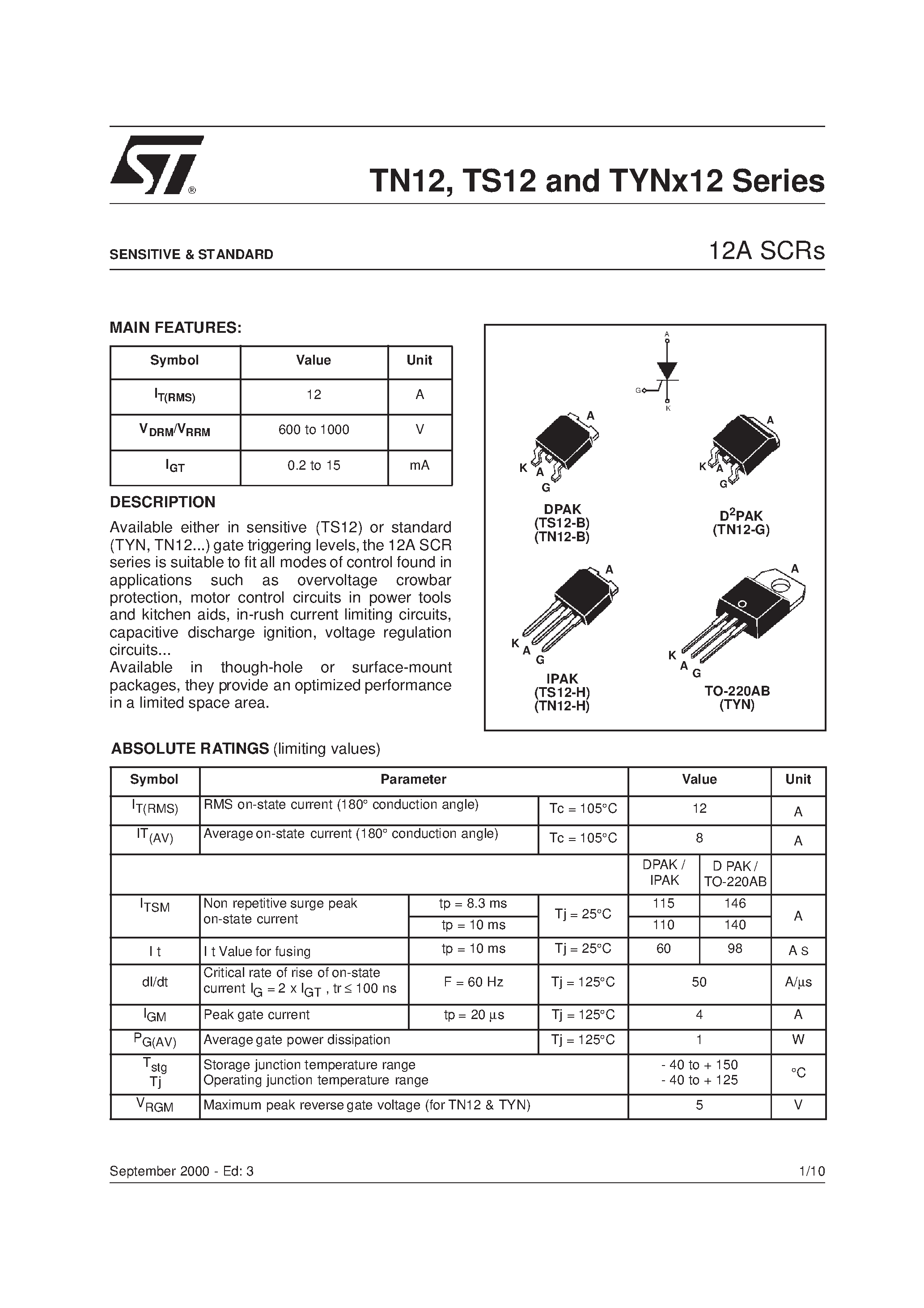 Datasheet TYN612 - HIGH SURGE CAPABILITY HIGH ON-STATE CURRENT HIGH STABILITY AND RELIABILITY page 1
