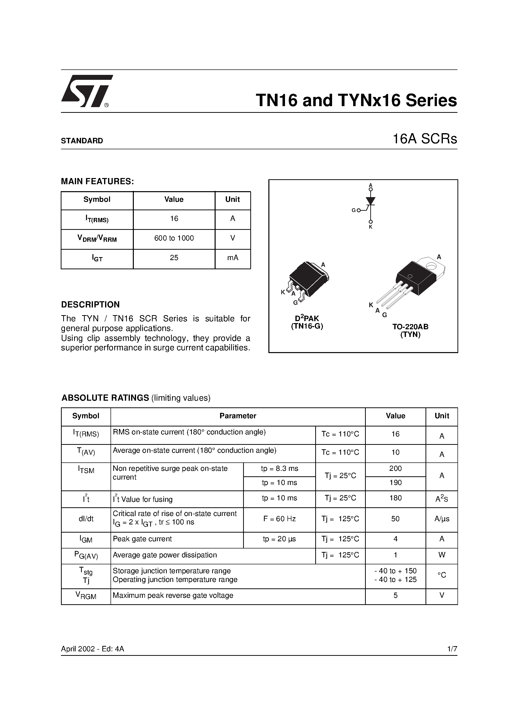Datasheet TYNx16 - 16A SCRs page 1