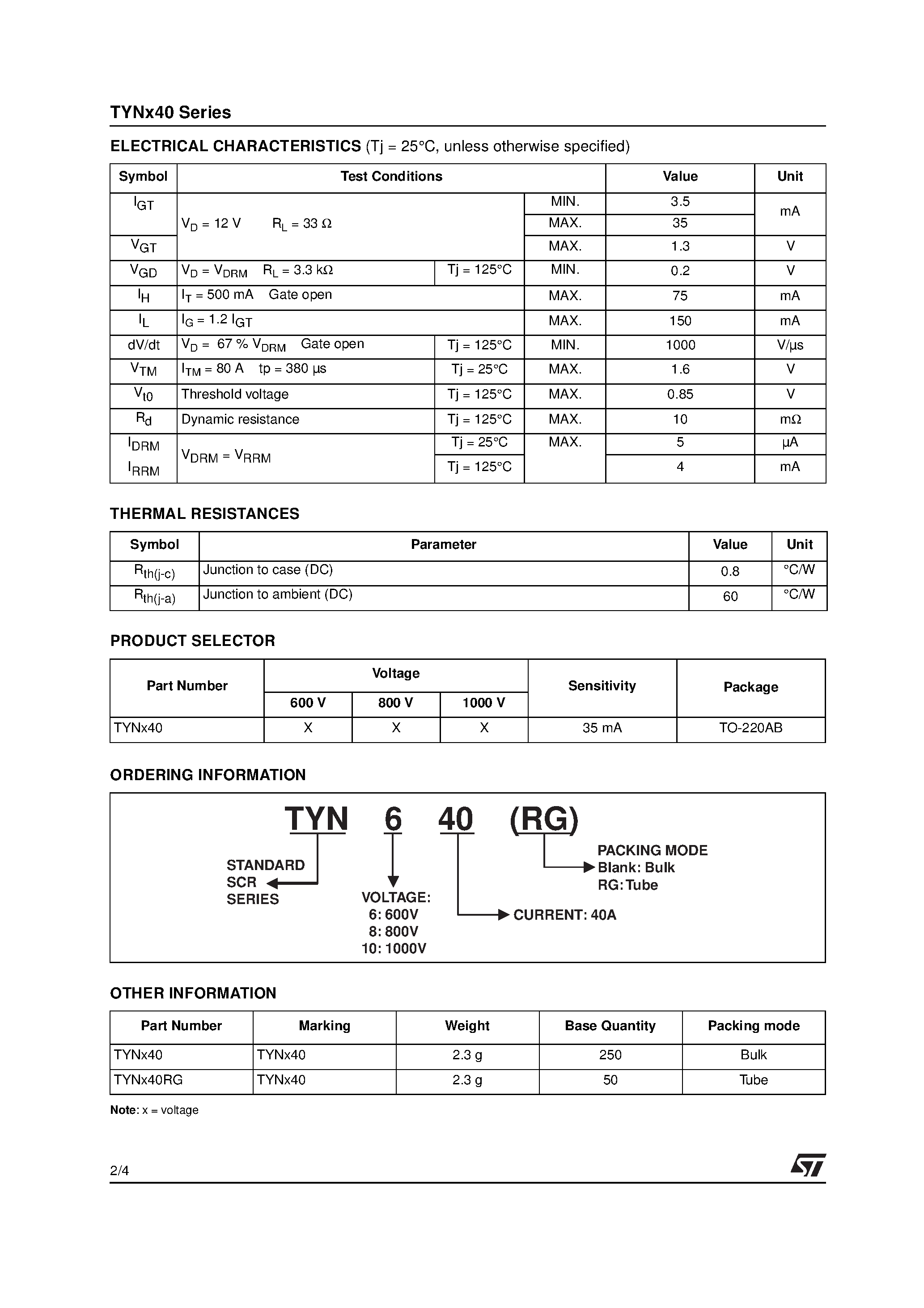 Datasheet TYNx40RG - 40A SCRs page 2