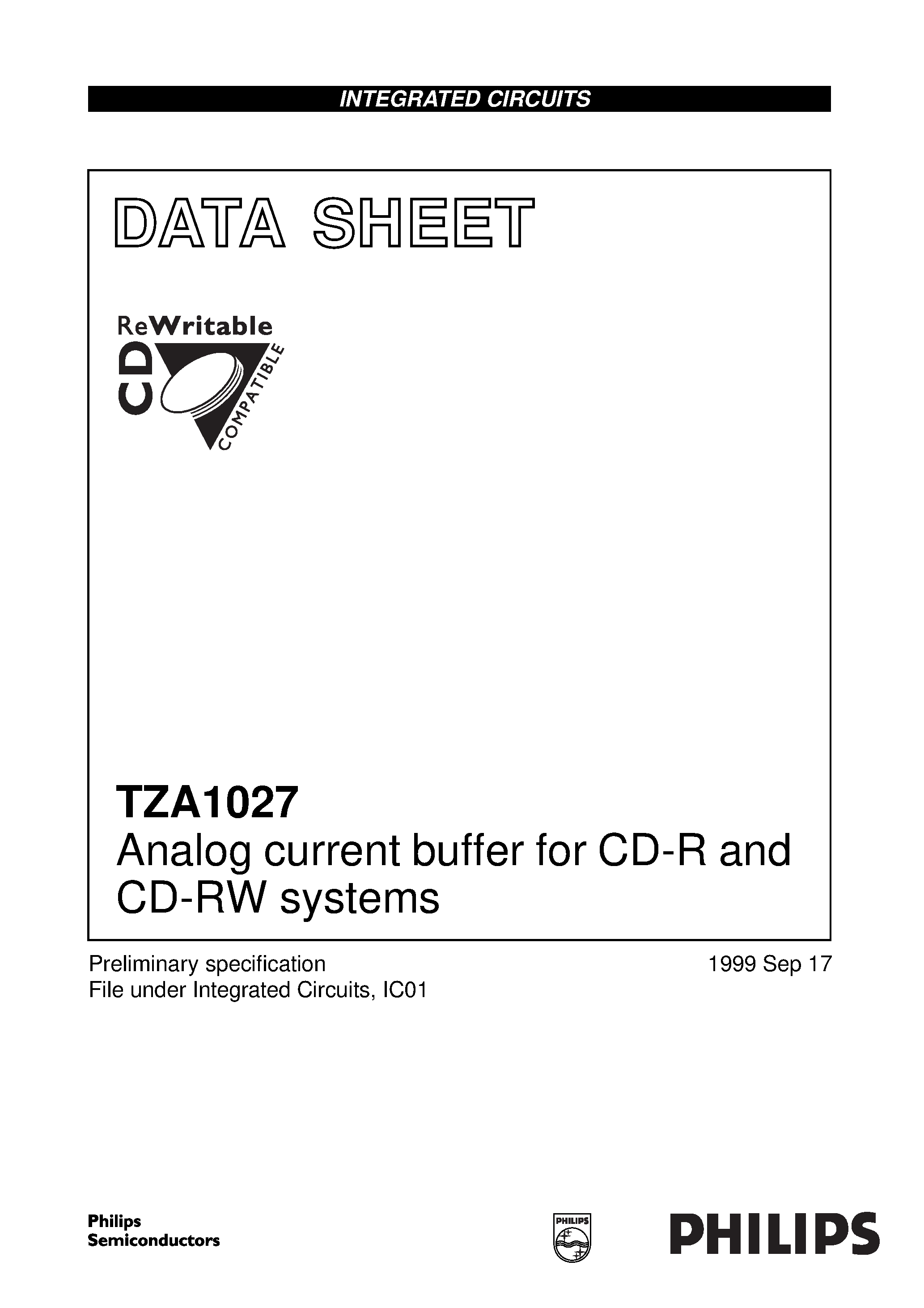 Datasheet TZA1027 - Analog current buffer for CD-R and CD-RW systems page 1