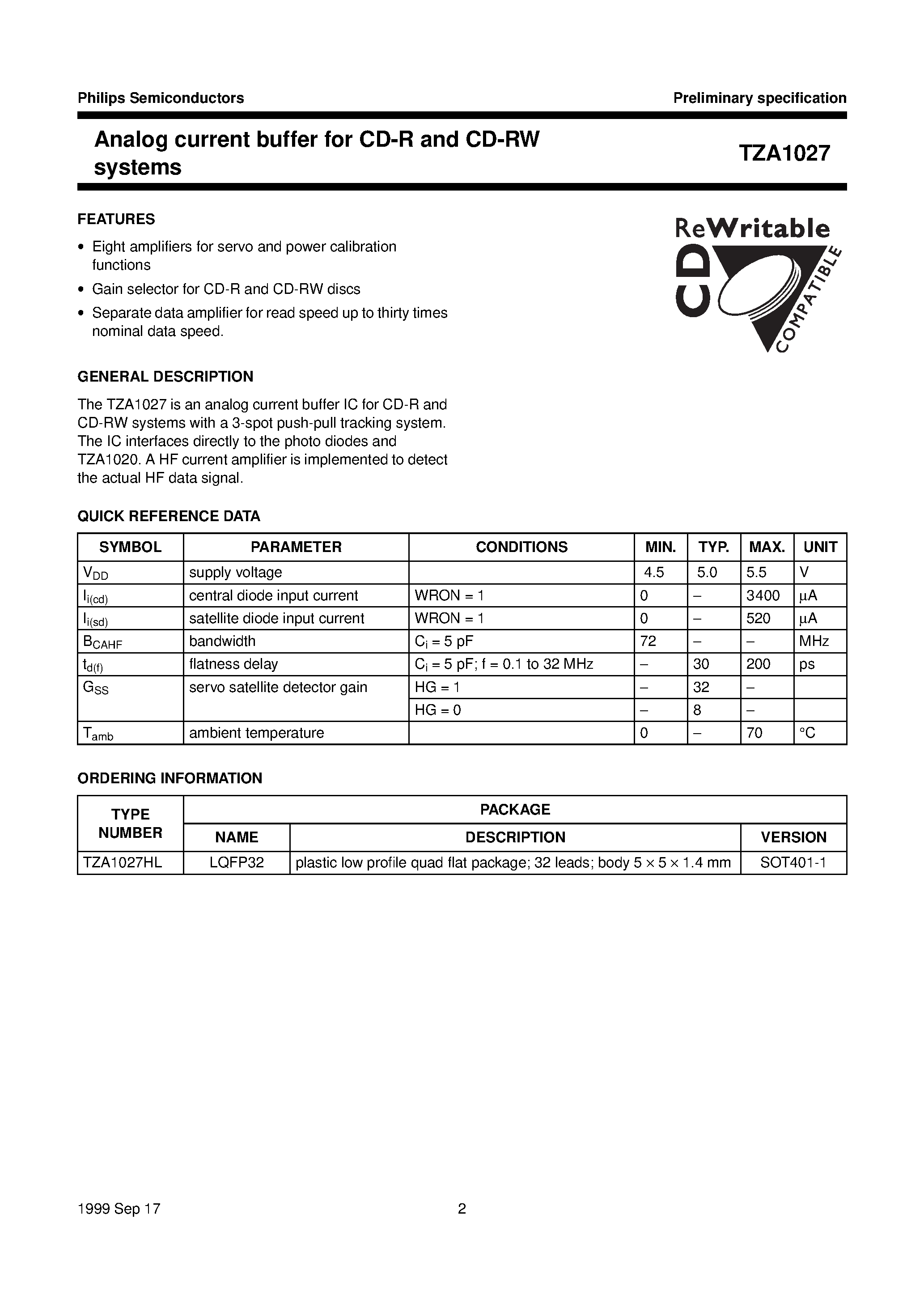 Datasheet TZA1027HL - Analog current buffer for CD-R and CD-RW systems page 2