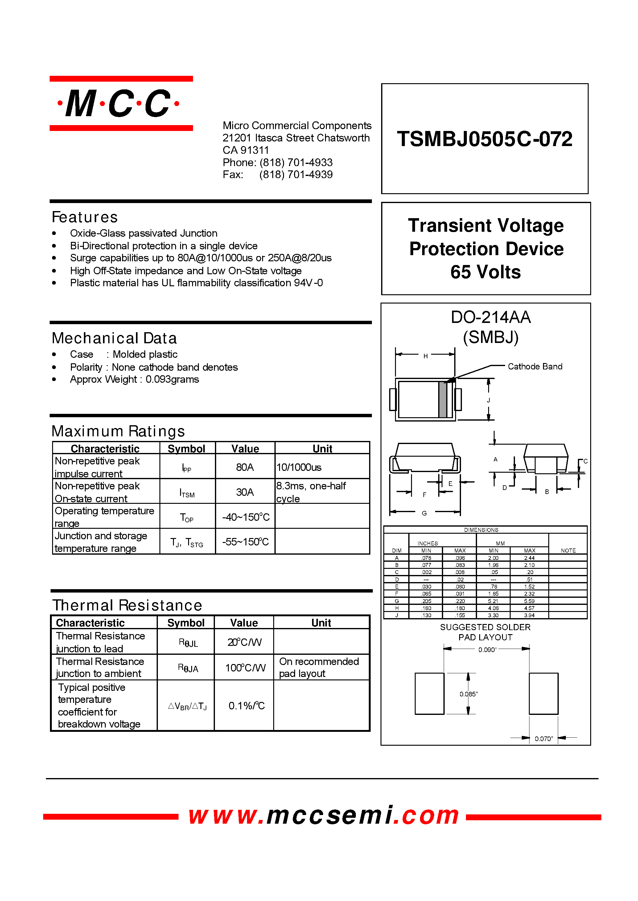 Datasheet TSMBJ0505C-072 - Transient Voltage Protection Device 65 Volts page 1