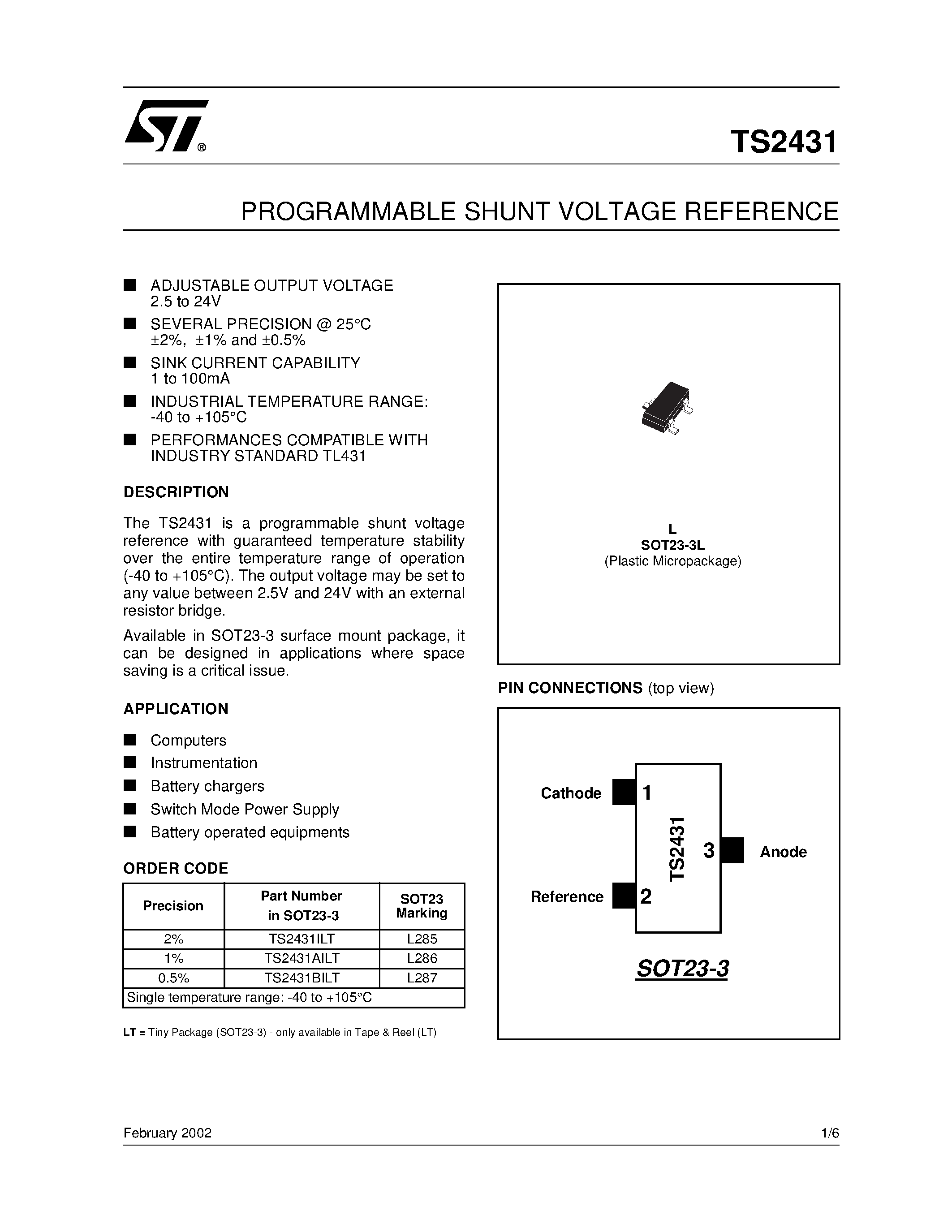 Даташит TS2431 - PROGRAMMABLE SHUNT VOLTAGE REFERENCE страница 1