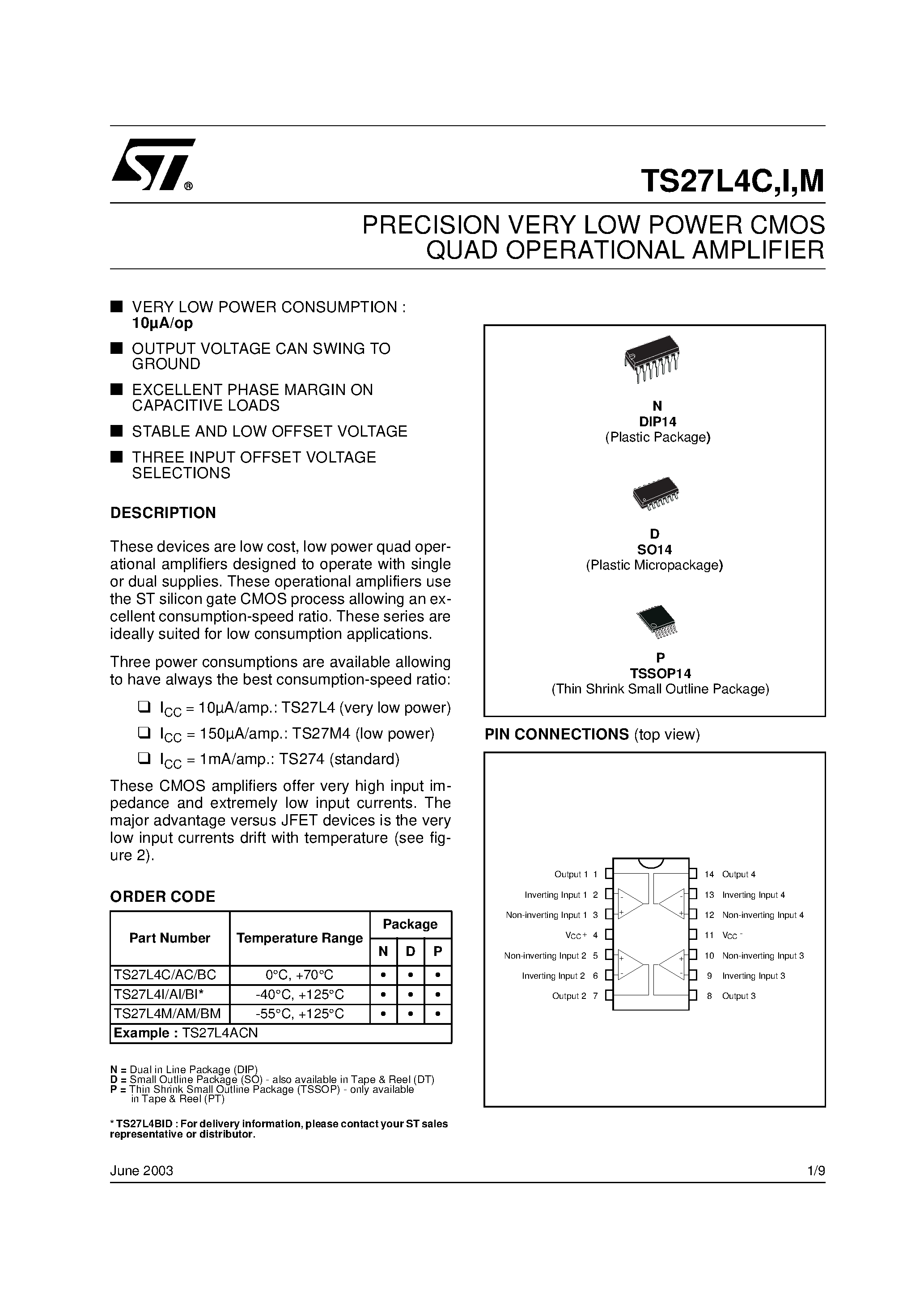Datasheet TS27L4BI - PRECISION VERY LOW POWER CMOS QUAD OPERATIONAL AMPLIFIER page 1