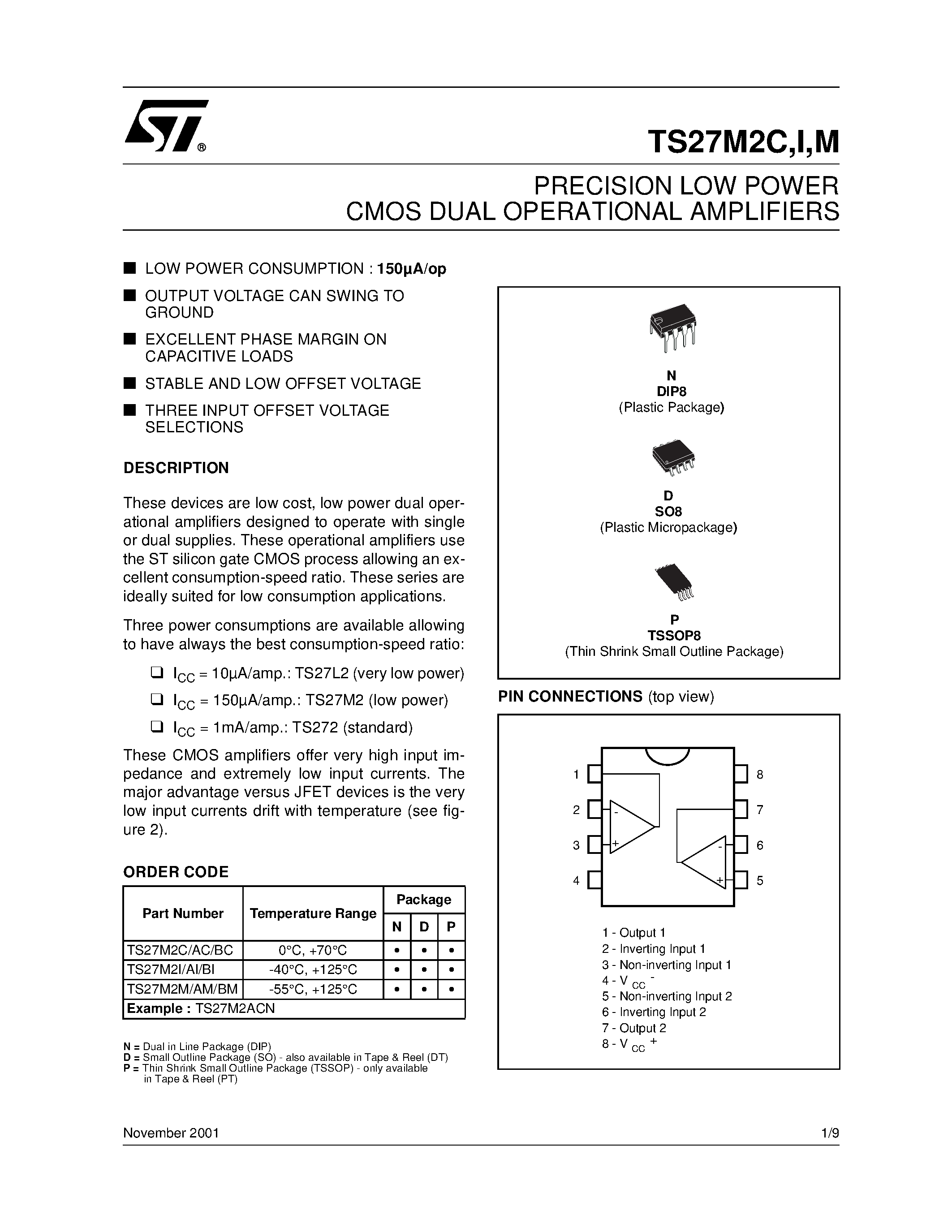 Datasheet TS27M2AI - PRECISION LOW POWER CMOS DUAL OPERATIONAL AMPLIFIERS page 1