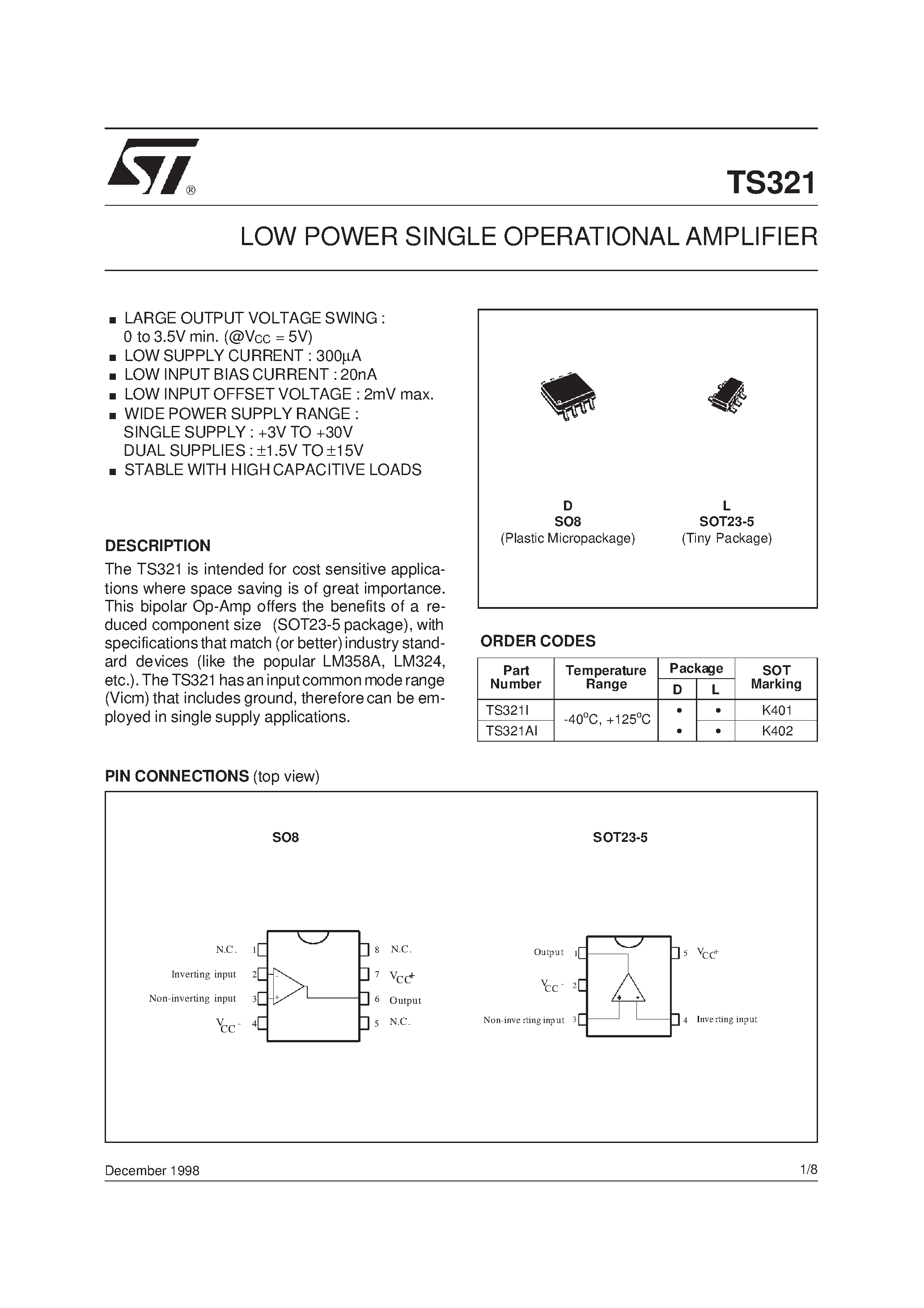 Даташит TS321 - LOW POWER SINGLE OPERATIONAL AMPLIFIER страница 1