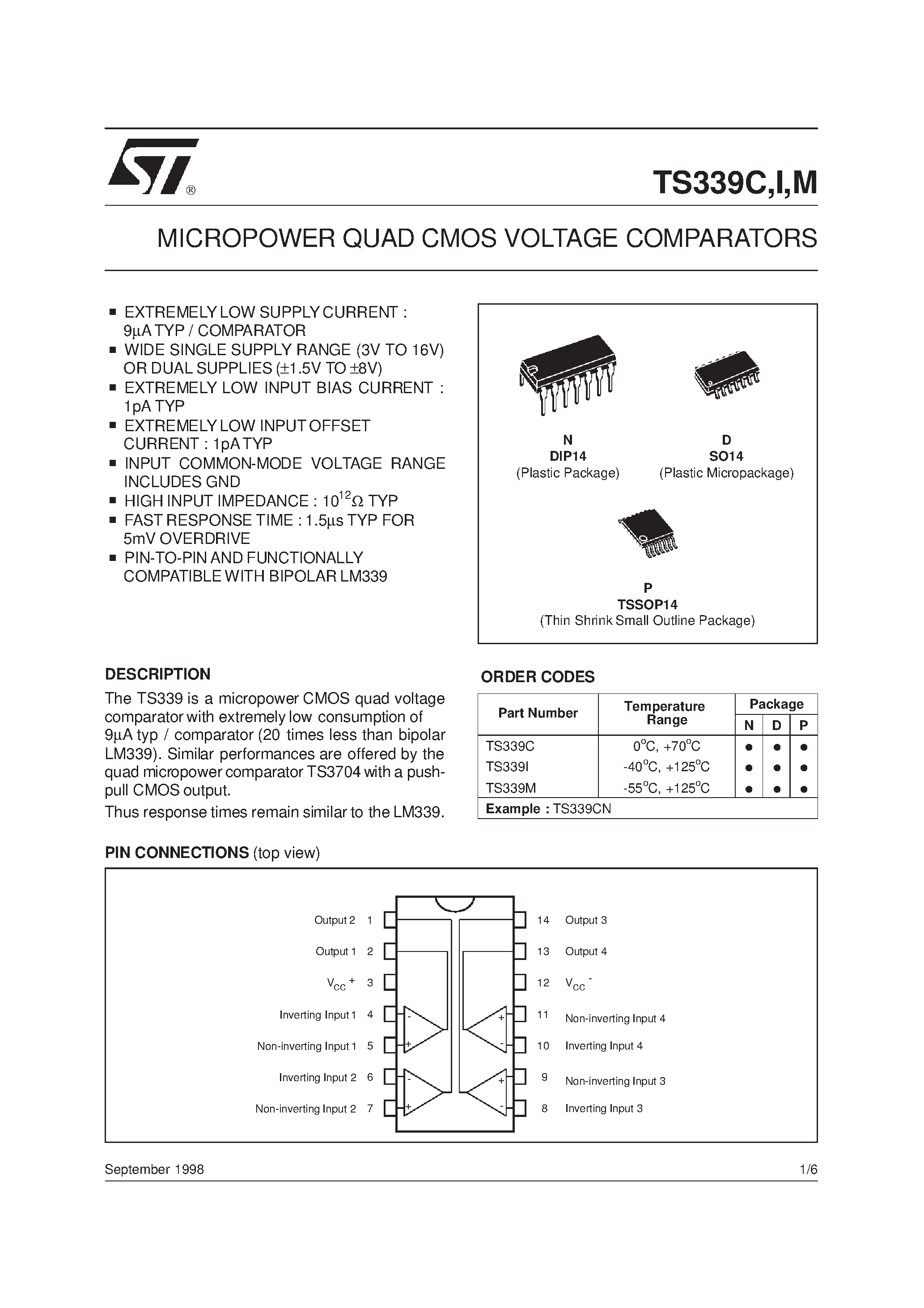 Даташит TS339C - MICROPOWER QUAD CMOS VOLTAGE COMPARATORS страница 1