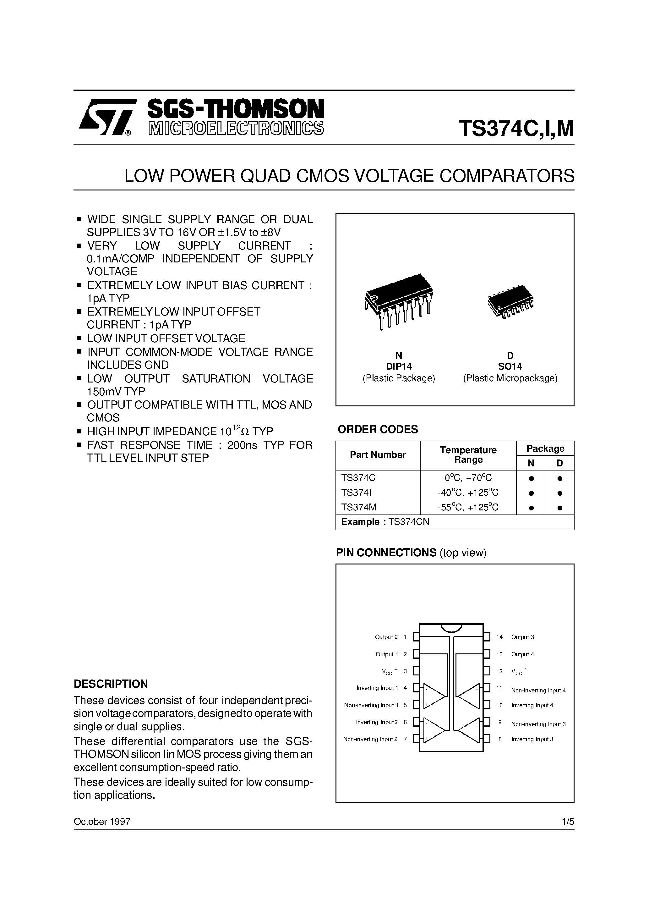 Даташит TS374I - LOW POWER QUAD CMOS VOLTAGE COMPARATORS страница 1