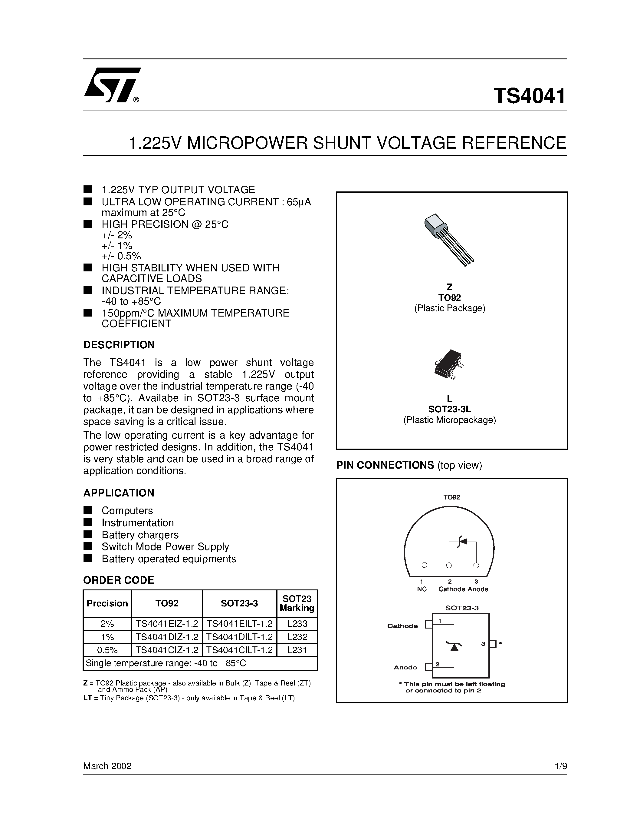 Datasheet TS4041 - 1.225V MICROPOWER SHUNT VOLTAGE REFERENCE page 1