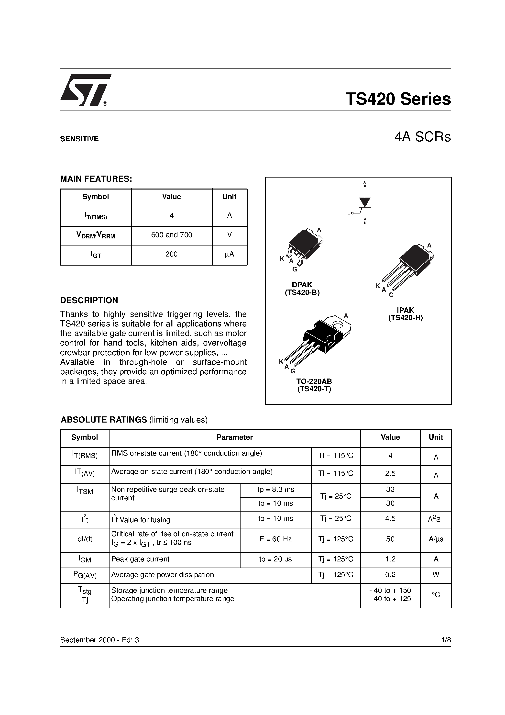 Datasheet TS420-600B-TR - 4A SCRs page 1