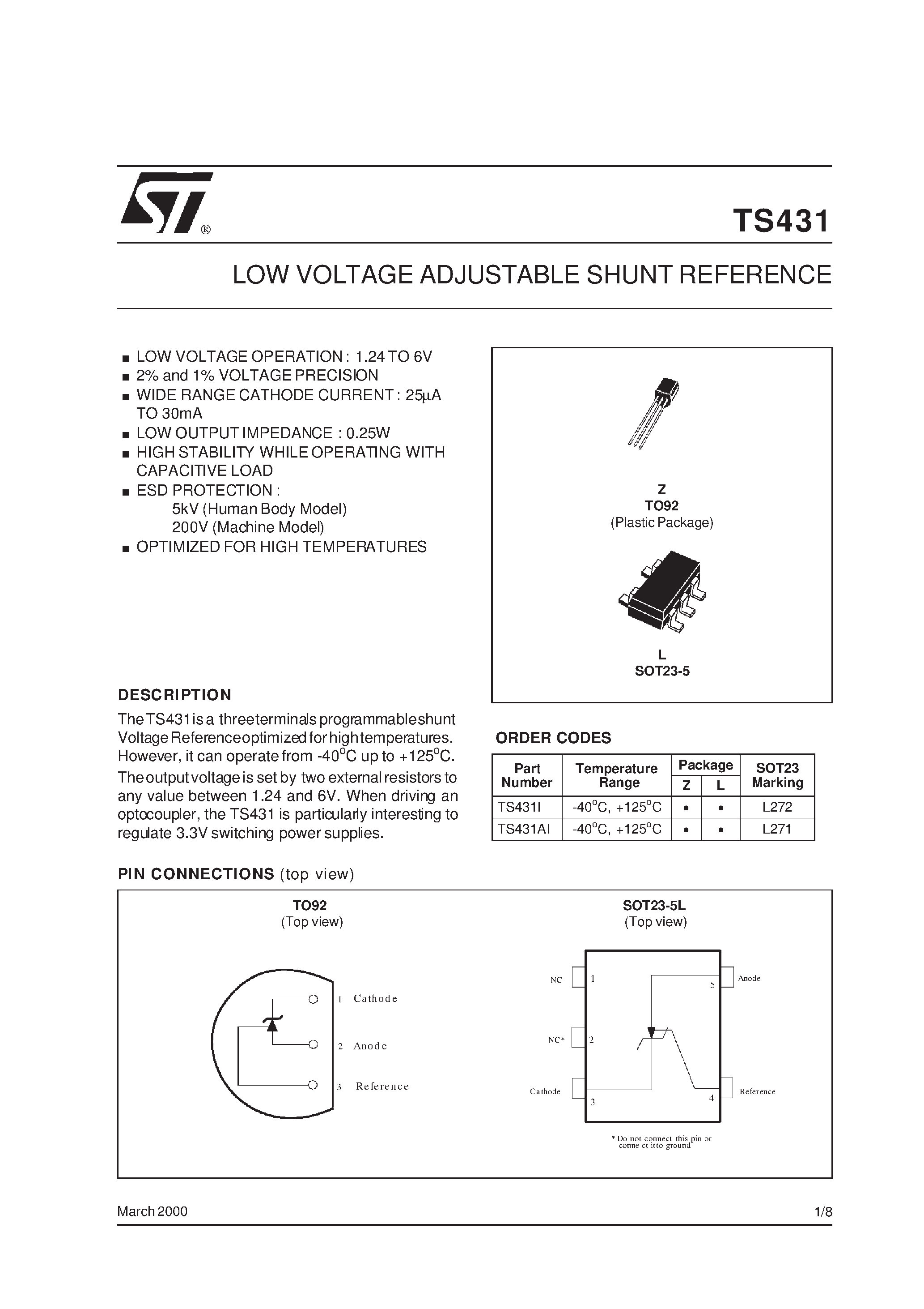 Datasheet TS431 - LOW VOLTAGE ADJUSTABLE SHUNT REFERENCE page 1