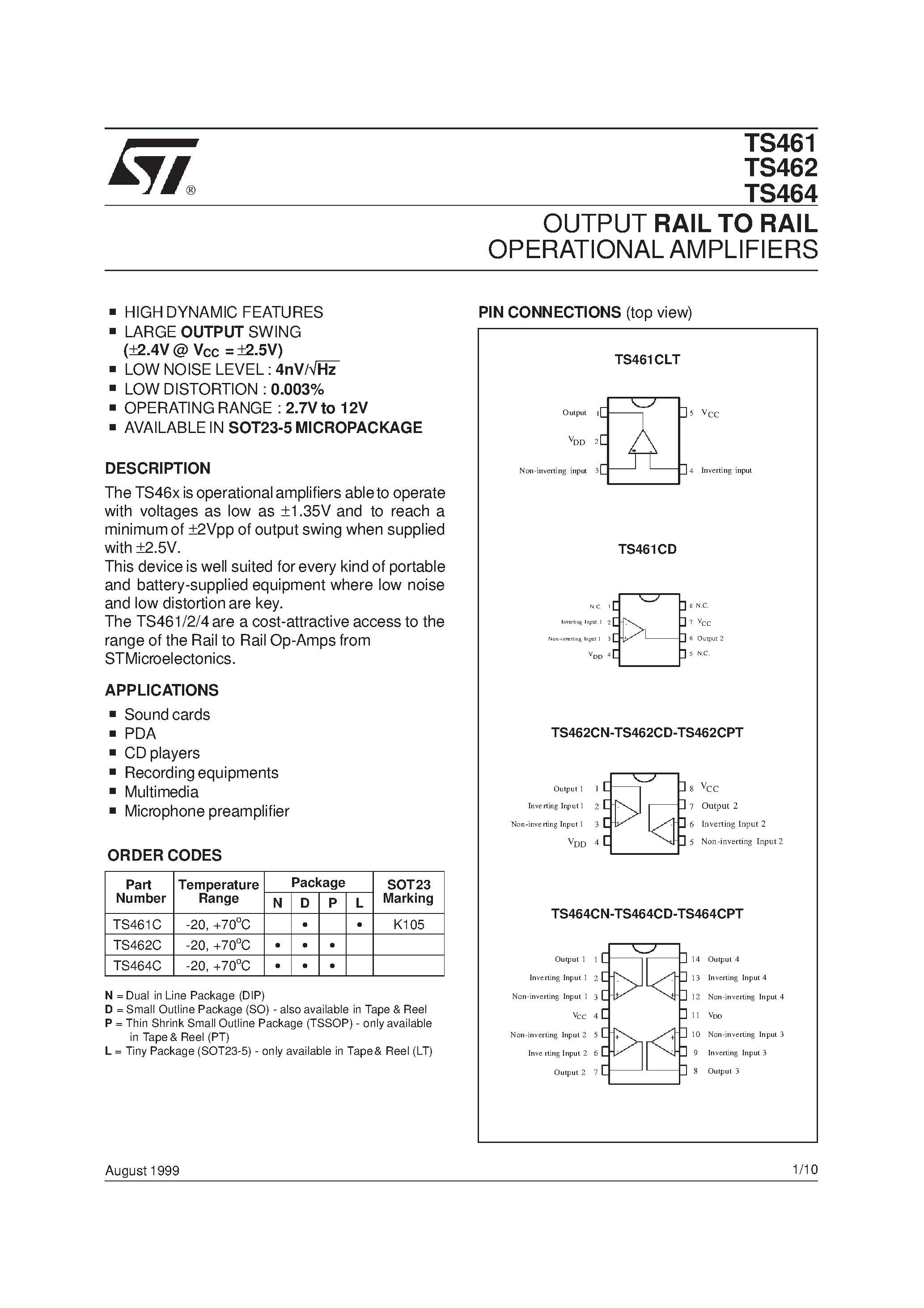Datasheet TS461 - OUTPUT RAIL TO RAIL OPERATIONAL AMPLIFIERS page 1