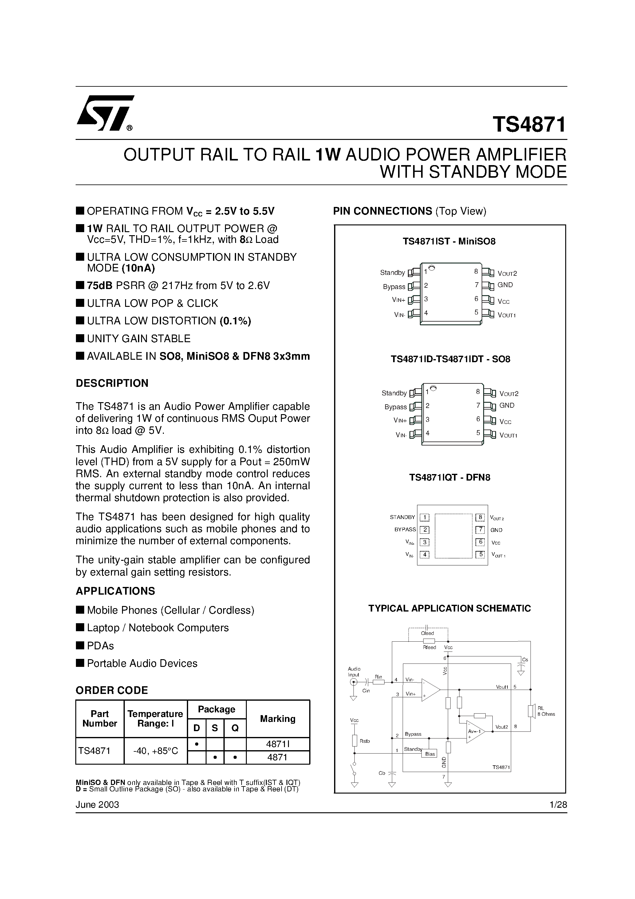 Даташит TS4871 - OUTPUT RAIL TO RAIL 1W AUDIO POWER AMPLIFIER WITH STANDBY MODE страница 1