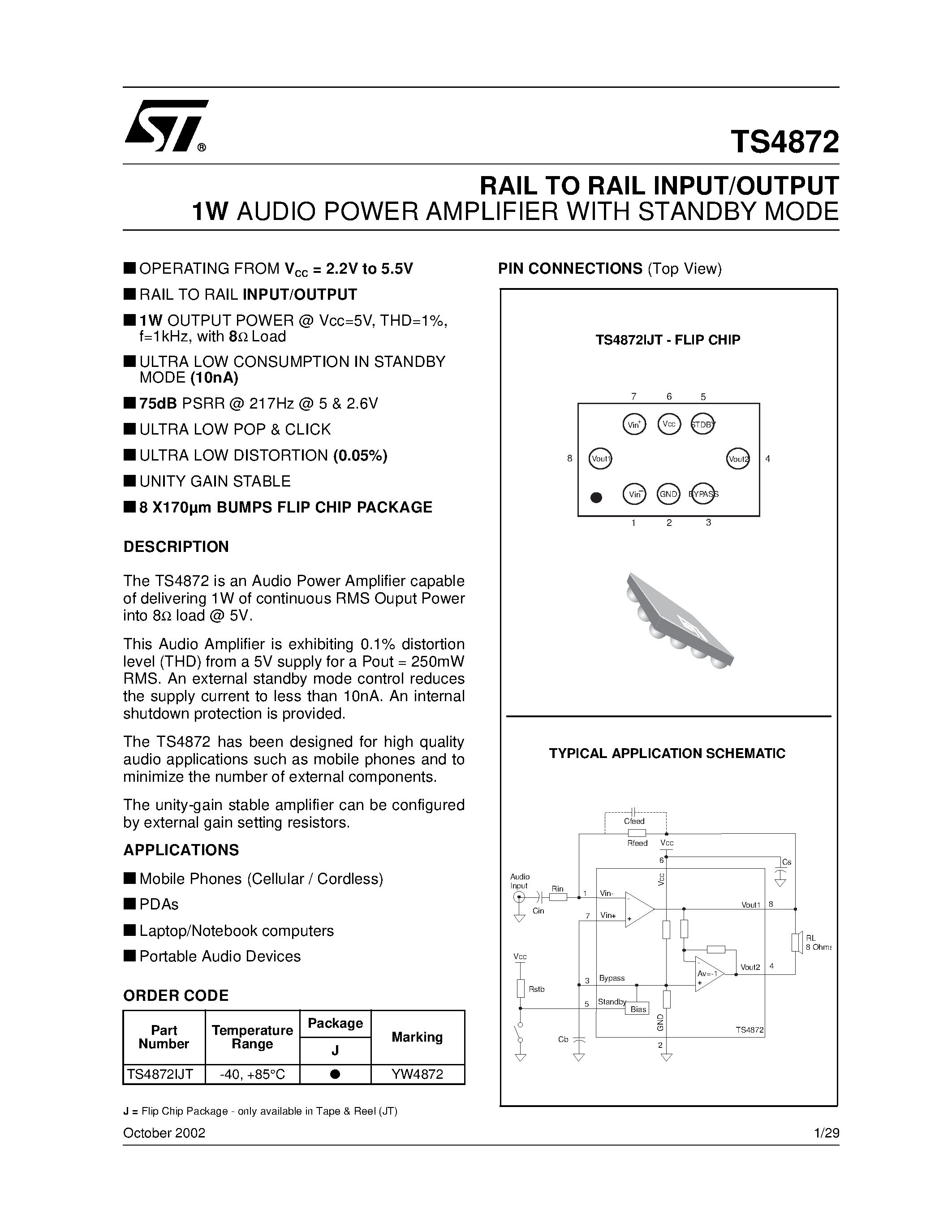 Даташит TS4872 - RAIL TO RAIL INPUT/OUTPUT 1W AUDIO POWER AMPLIFIER WITH STANDBY MODE страница 1