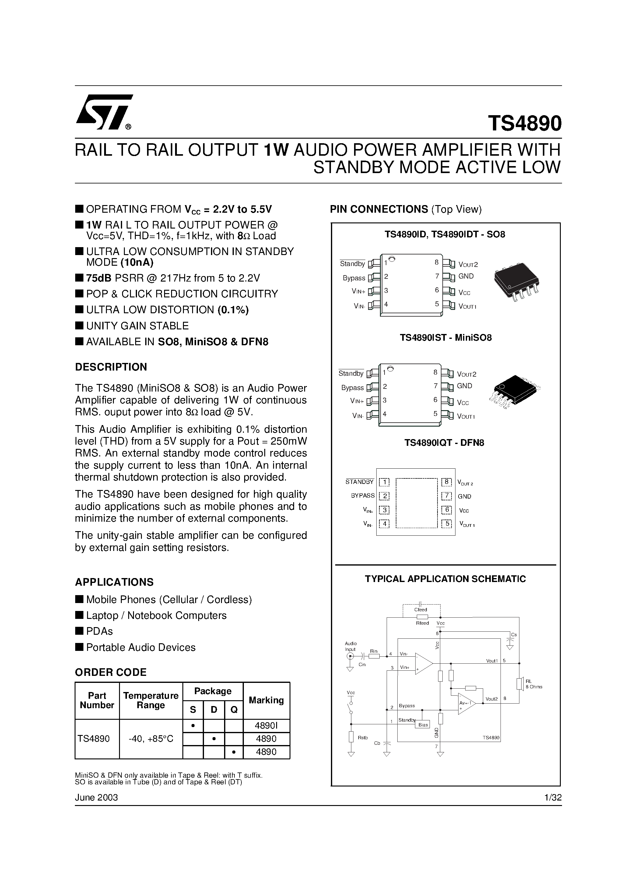 Datasheet TS4890 - RAIL TO RAIL OUTPUT 1W AUDIO POWER AMPLIFIER WITH STANDBY MODE ACTIVE LOW page 1