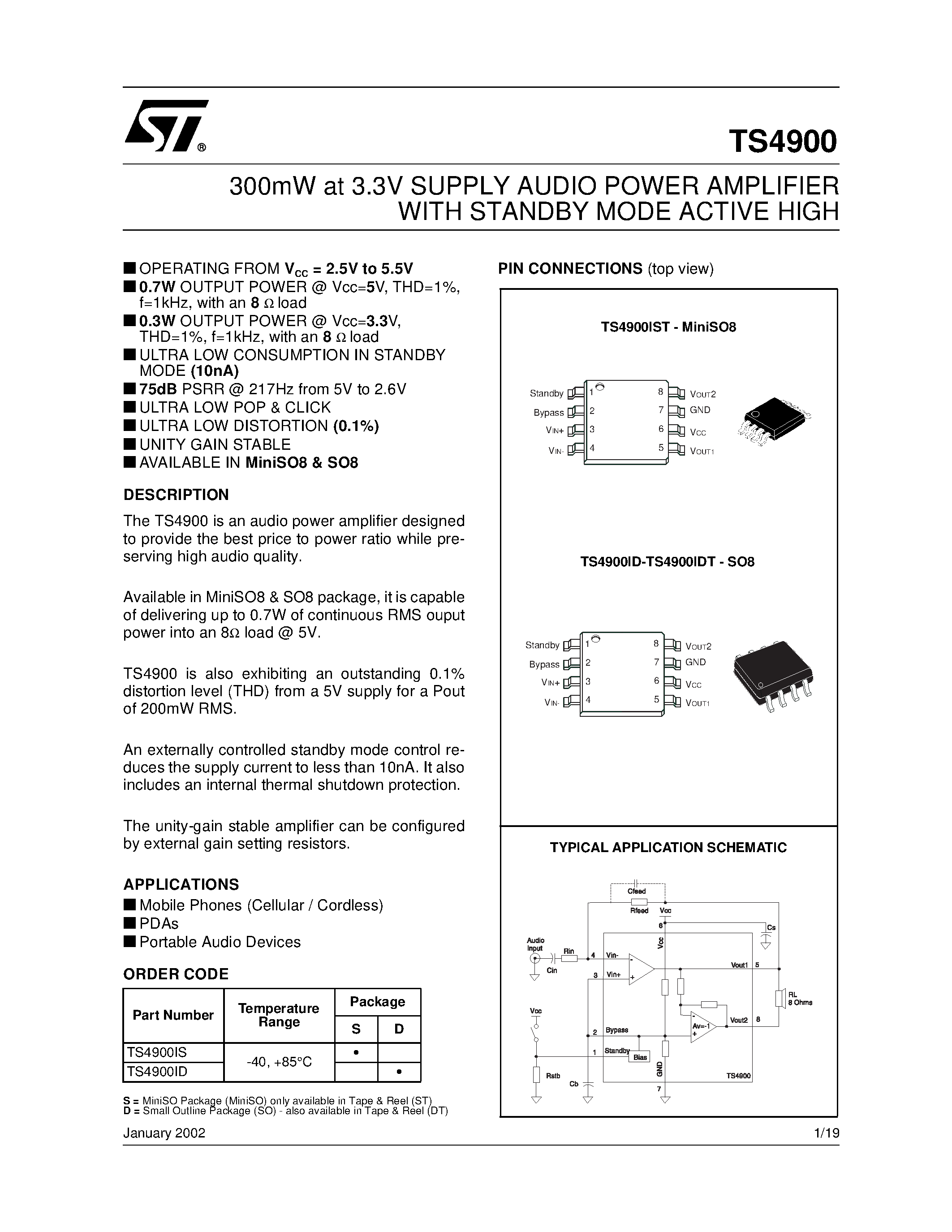 Datasheet TS4900 - 300mW at 3.3V SUPPLY AUDIO POWER AMPLIFIER WITH STANDBY MODE ACTIVE HIGH page 1