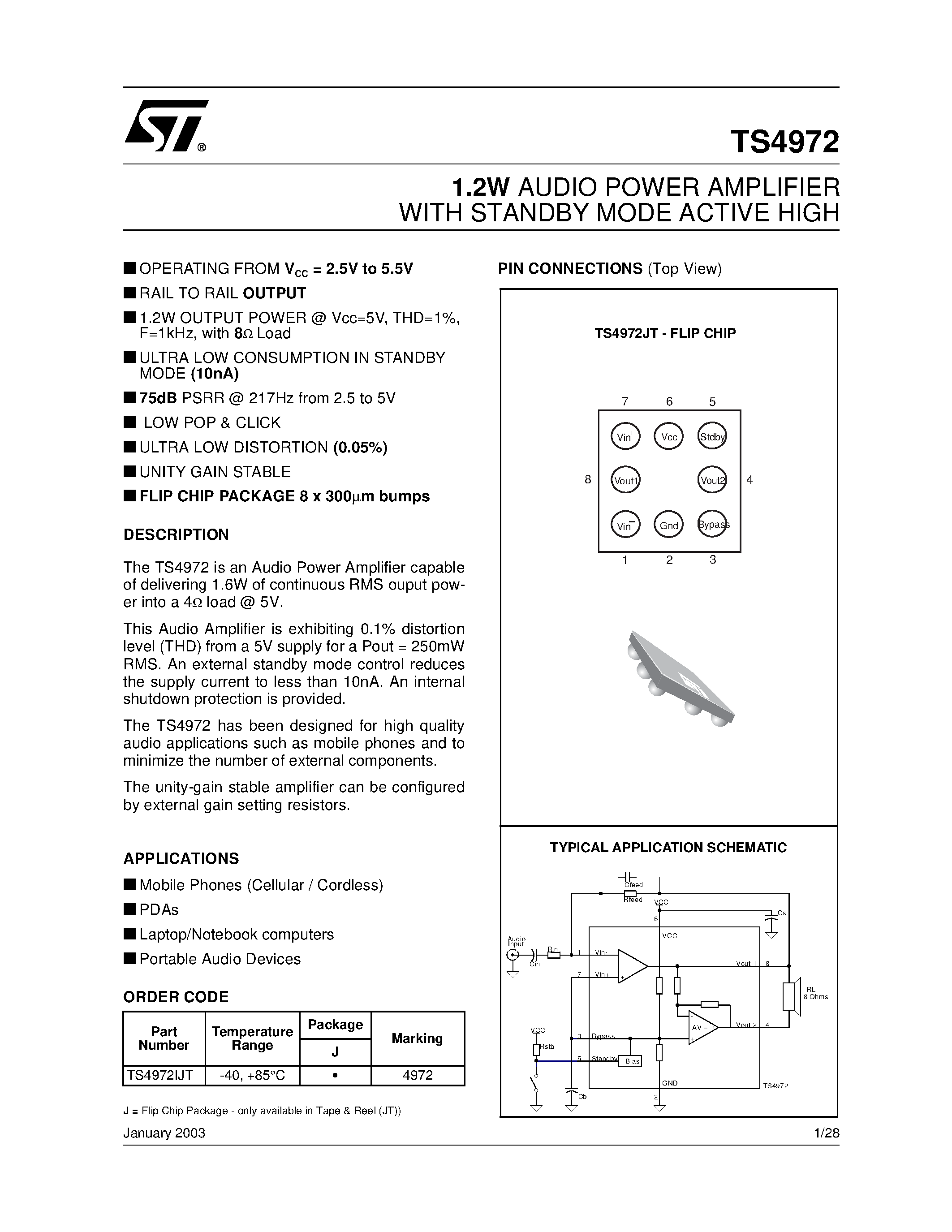 Datasheet TS4972 - 1.2W AUDIO POWER AMPLIFIER WITH STANDBY MODE ACTIVE HIGH page 1
