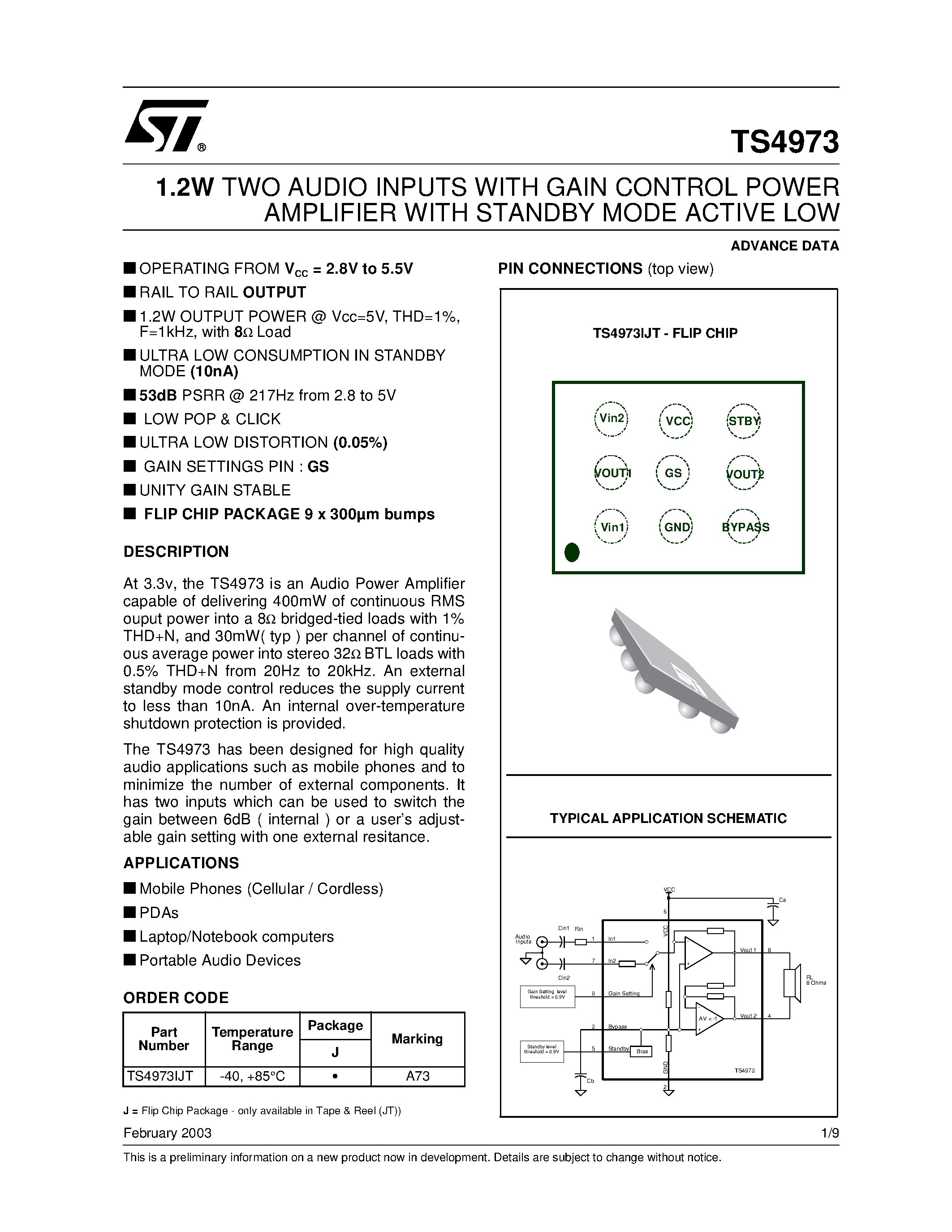 Datasheet TS4973 - 1.2W TWO AUDIO INPUTS WITH GAIN CONTROL POWER AMPLIFIER WITH STANDBY MODE ACTIVE LOW page 1