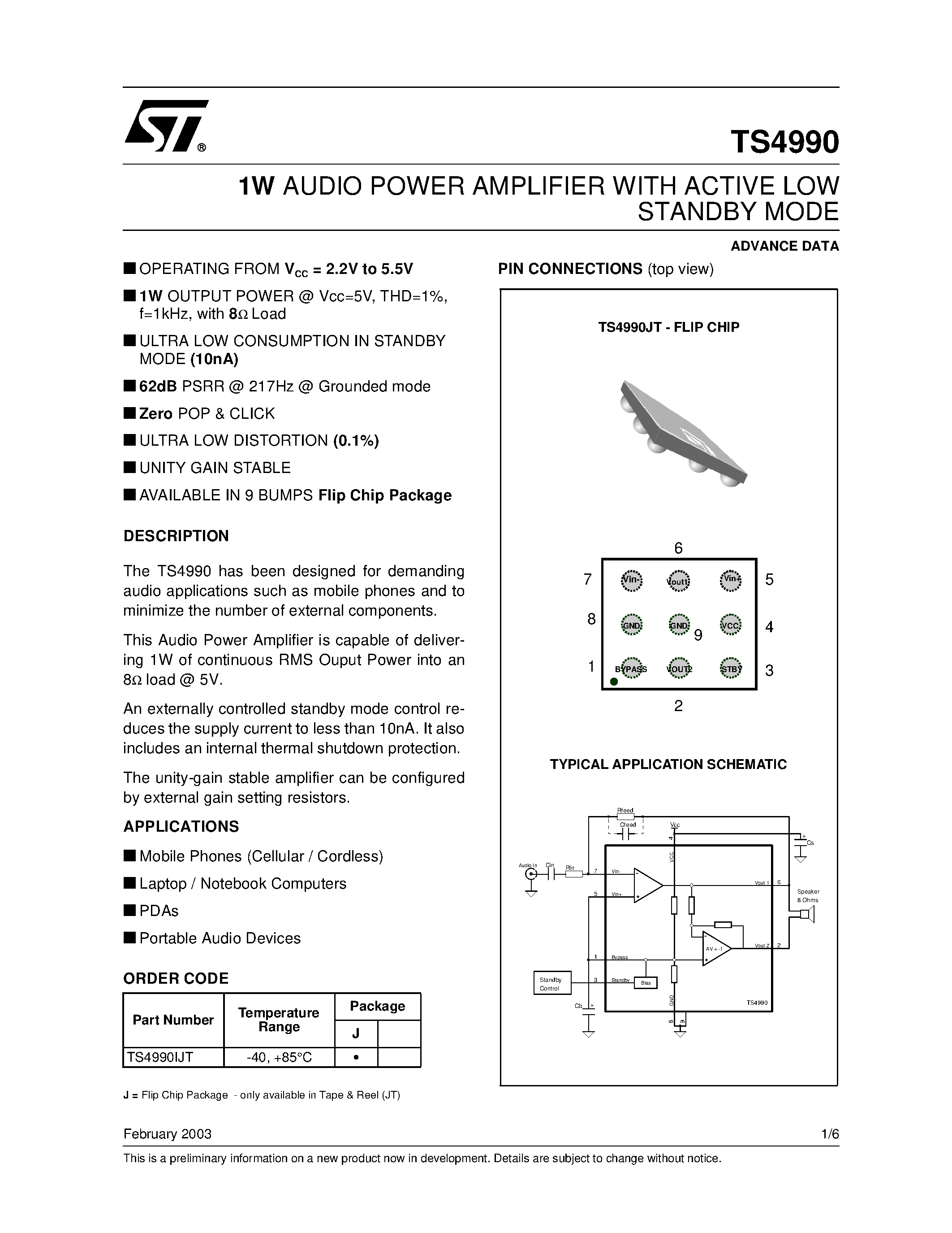 Datasheet TS4990 - 1W AUDIO POWER AMPLIFIER WITH ACTIVE LOW STANDBY MODE page 1