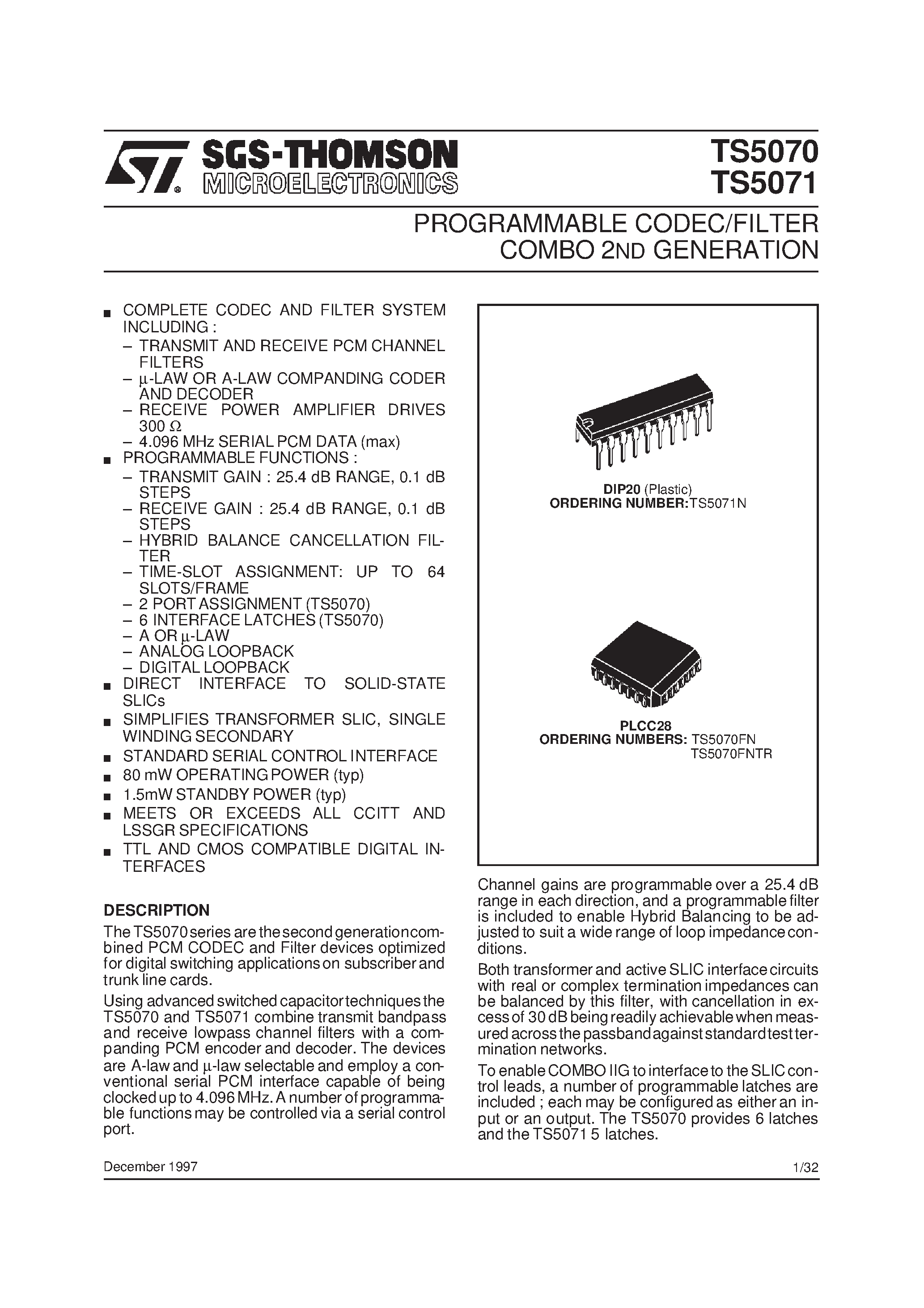 Datasheet TS5070 - PROGRAMMABLE CODEC/FILTER COMBO 2ND GENERATION page 1