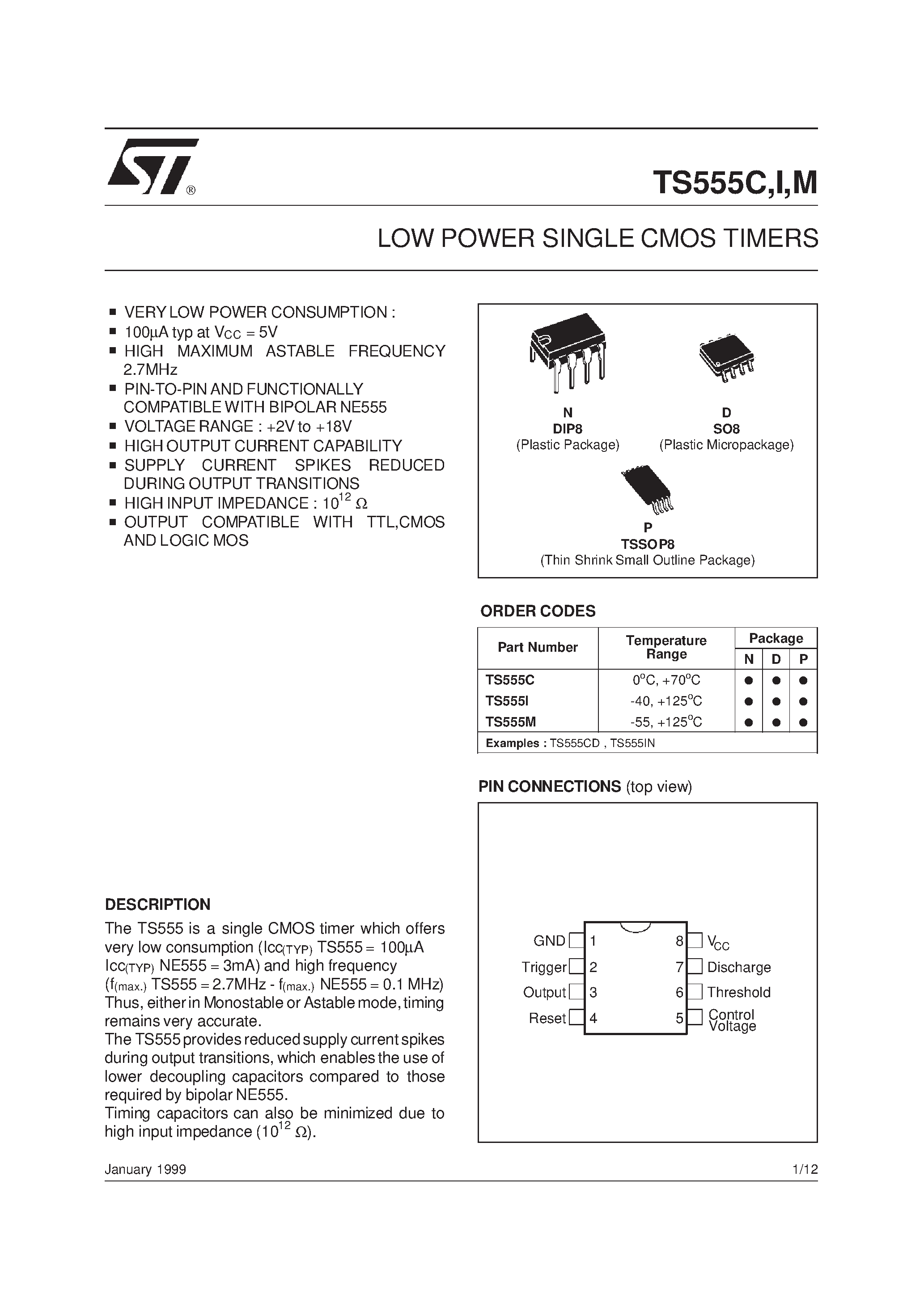 Даташит TS555IN - LOW POWER SINGLE CMOS TIMERS страница 1