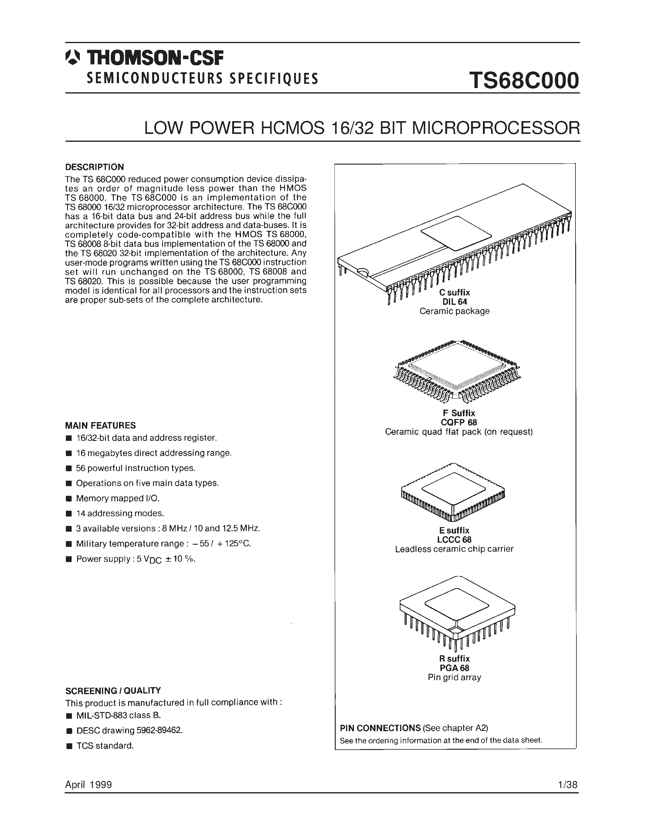 Datasheet TS68C000DESC01UCA - LOW POWER HCMOS 16/32 BIT MICROPROCESSOR page 1