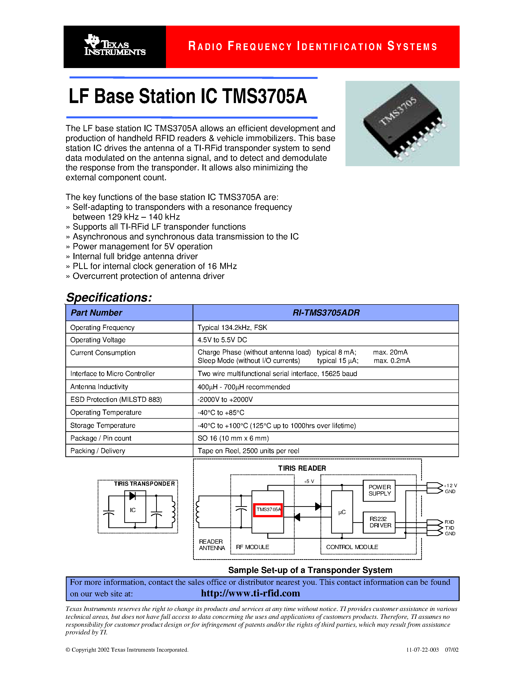Datasheet TMS3705A - RA D I O FREQUEN C Y I DENTI F ICATION SY S T EMS page 1