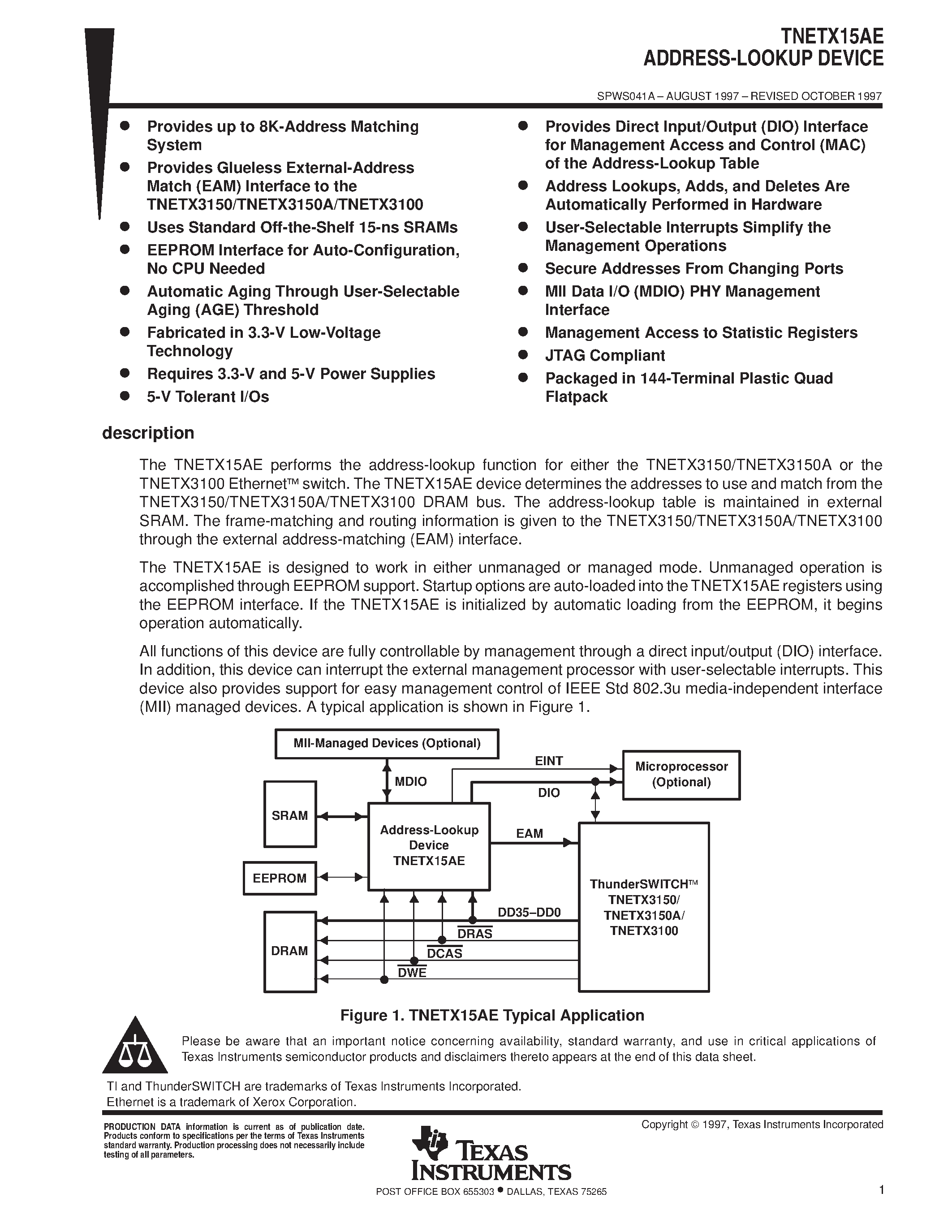 Datasheet TNETX3150A - ADDRESS-LOOKUP DEVICE page 1