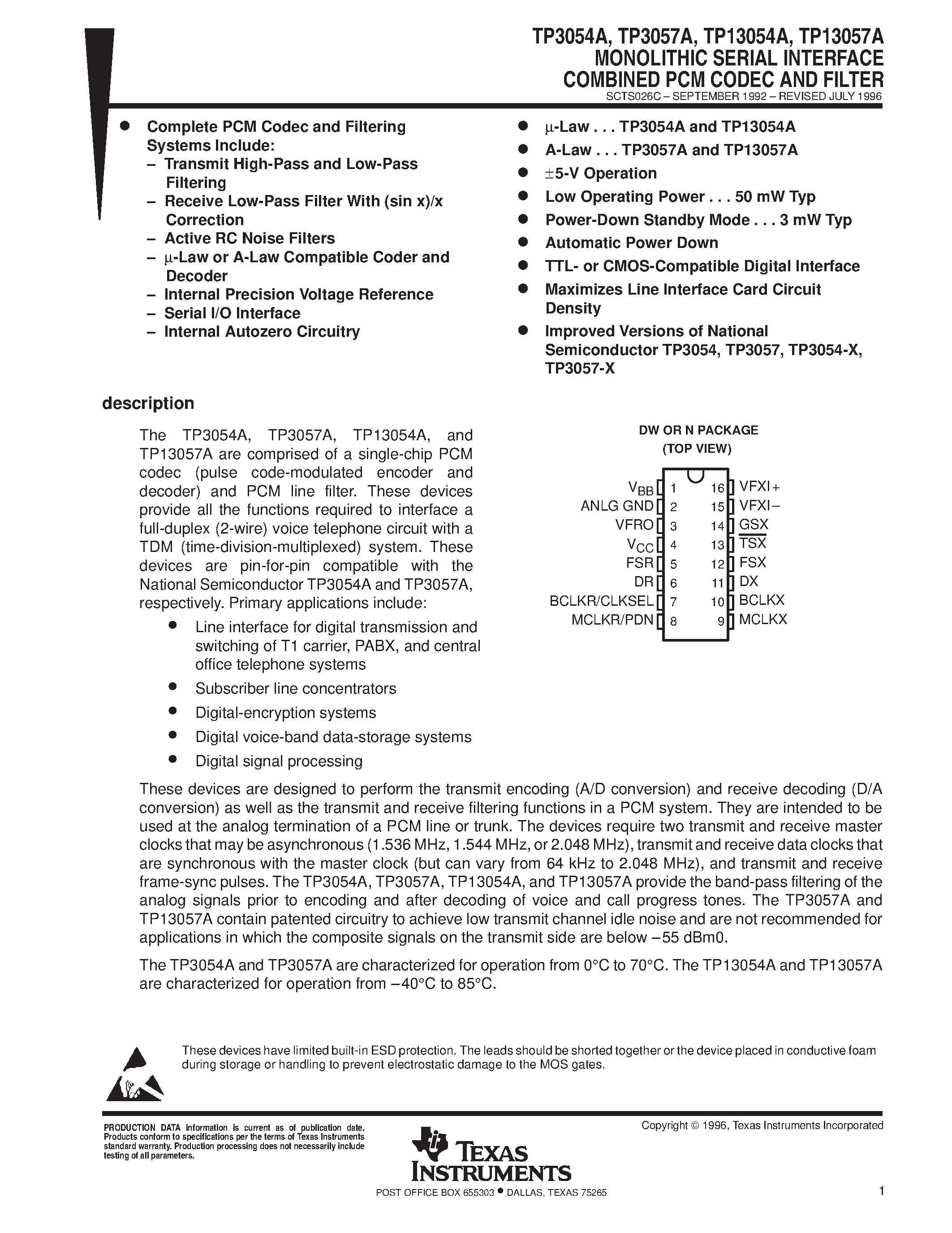 Datasheet TP13054AN - MONOLITHIC SERIAL INTERFACE COMBINED PCM CODEC AND FILTER page 1