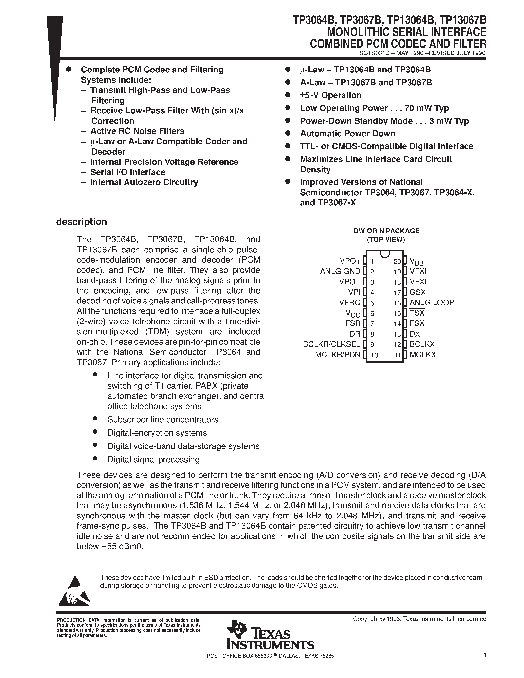 Datasheet TP13067B - MONOLITHIC SERIAL INTERFACE COMBINED PCM CODEC AND FILTER page 1