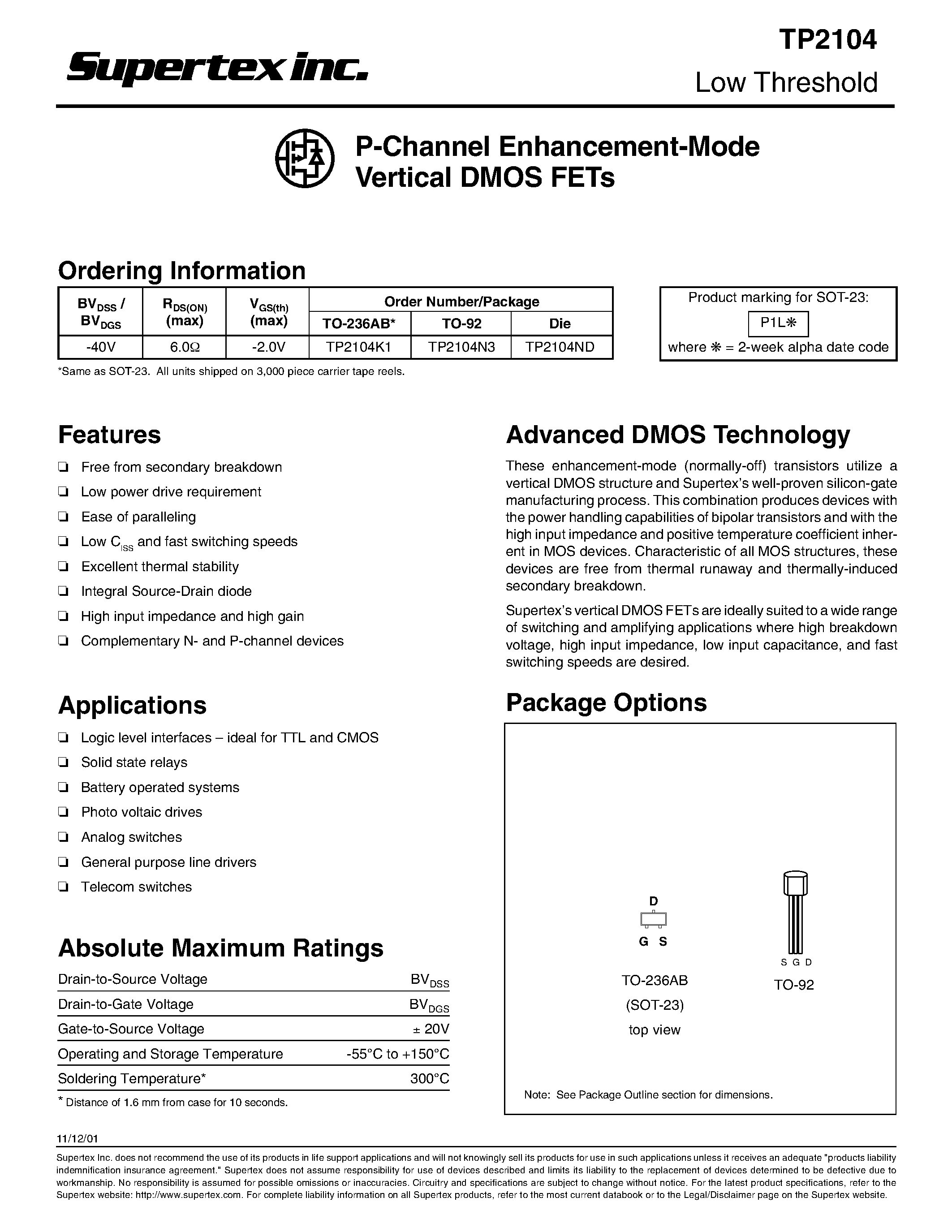 Даташит TP2104 - P-Channel Enhancement-Mode Vertical DMOS FETs страница 1