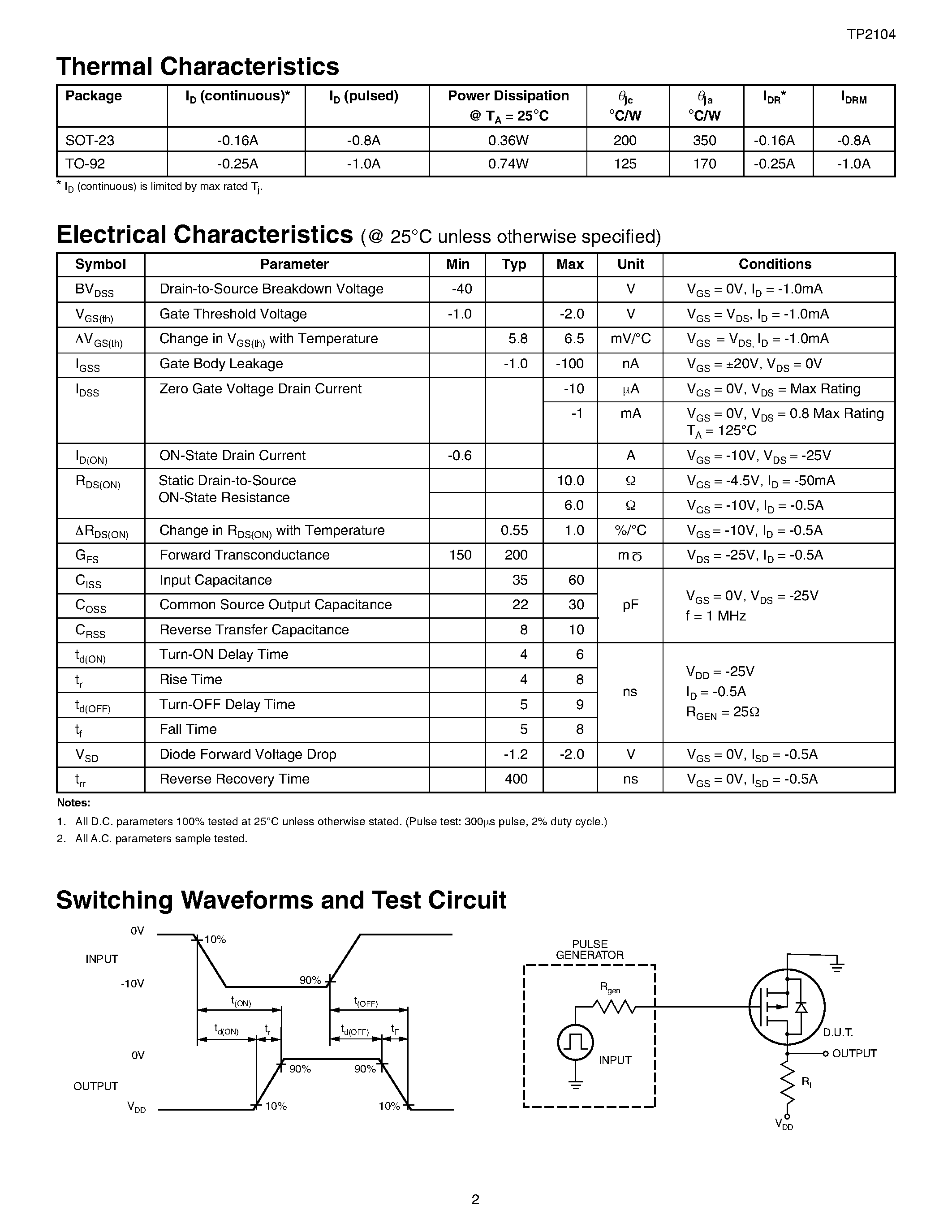 Datasheet TP2104K1 - P-Channel Enhancement-Mode Vertical DMOS FETs page 2