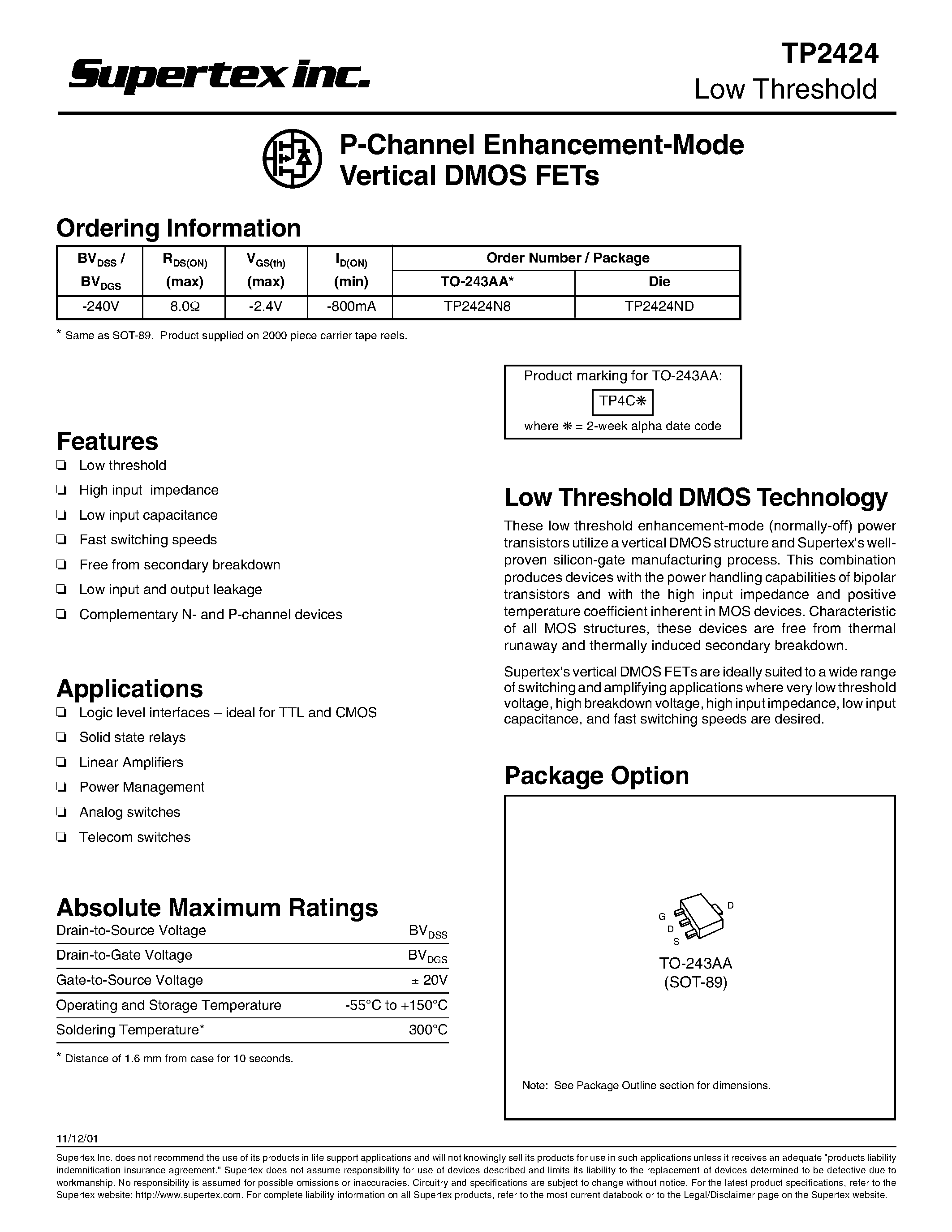 Datasheet TP2424 - P-Channel Enhancement-Mode Vertical DMOS FETs page 1