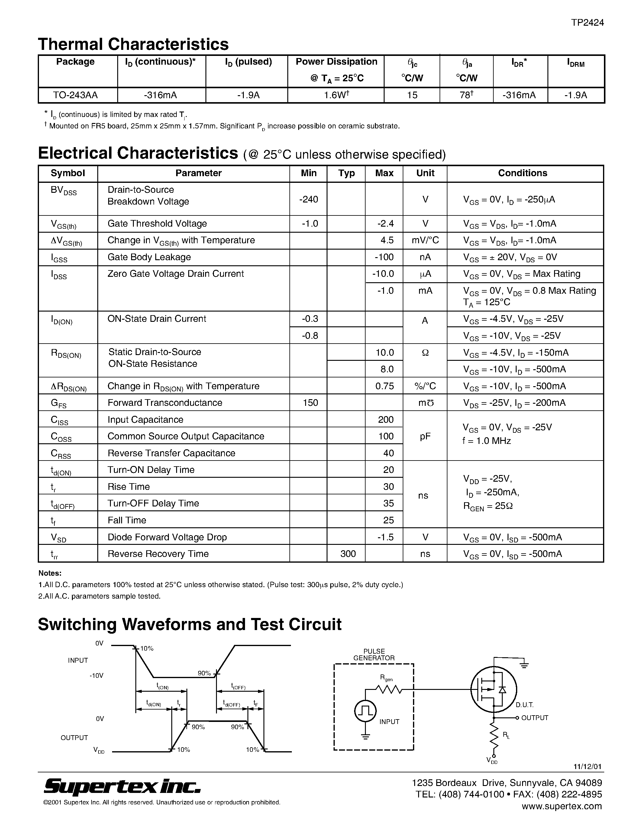 Datasheet TP2424 - P-Channel Enhancement-Mode Vertical DMOS FETs page 2