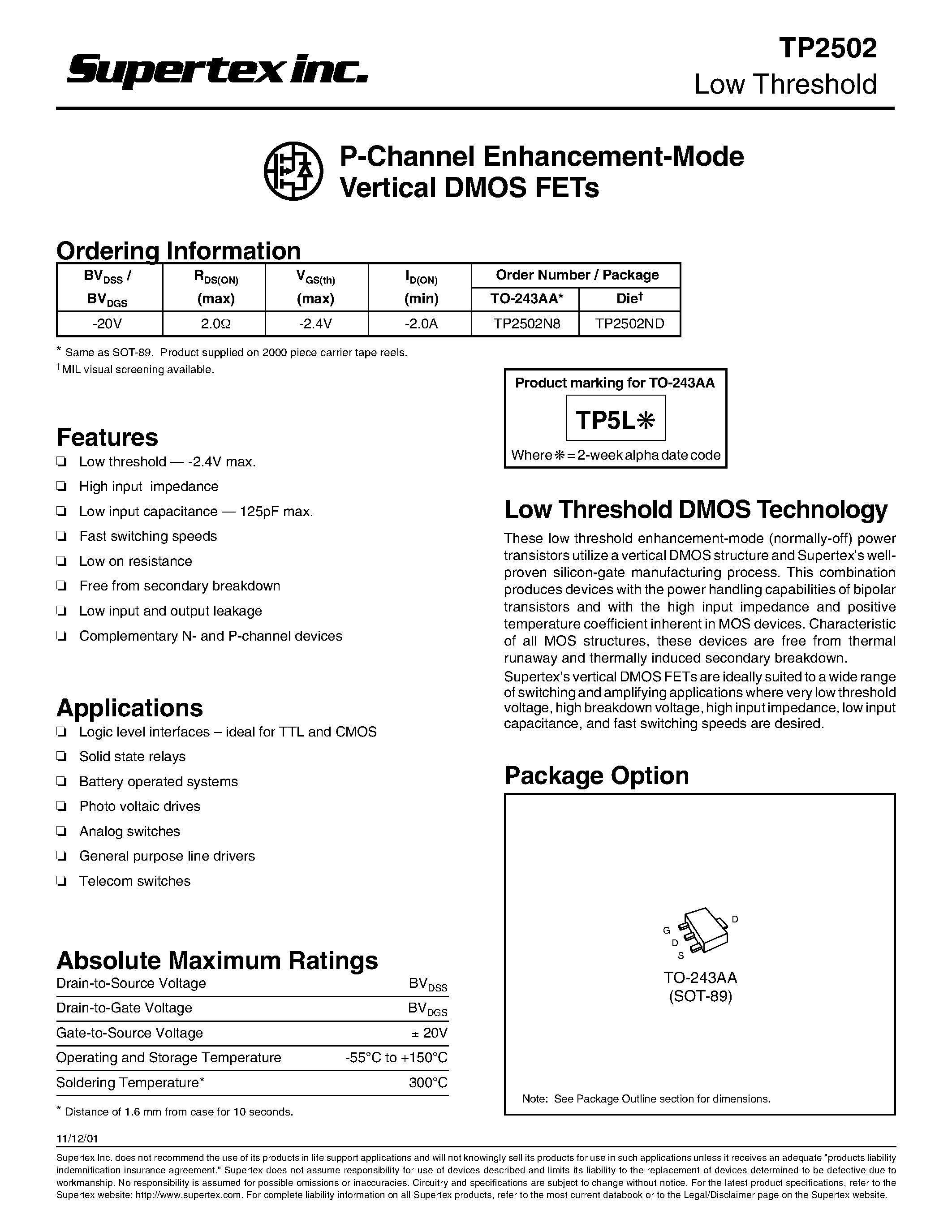 Datasheet TP2502 - P-Channel Enhancement-Mode Vertical DMOS FETs page 1