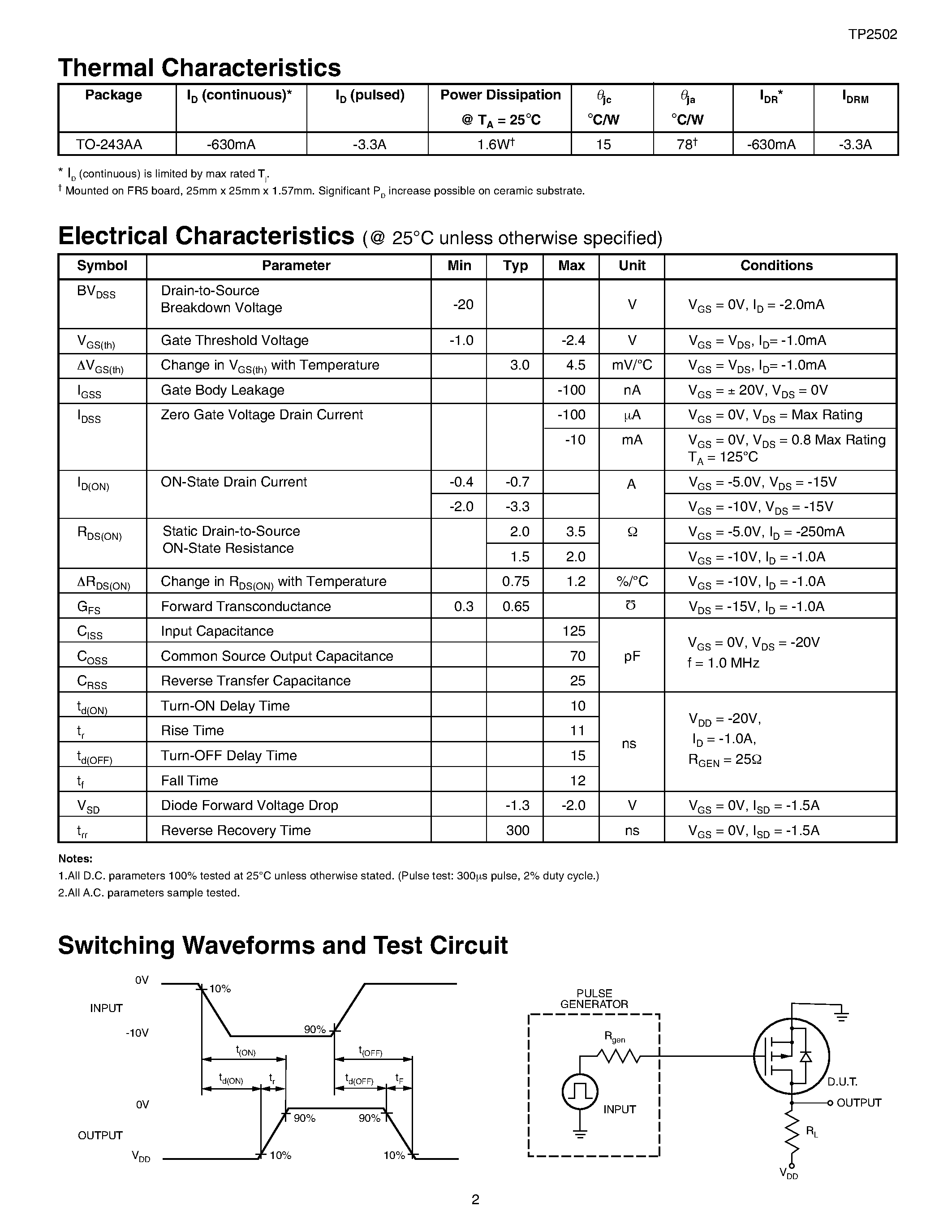 Datasheet TP2502 - P-Channel Enhancement-Mode Vertical DMOS FETs page 2