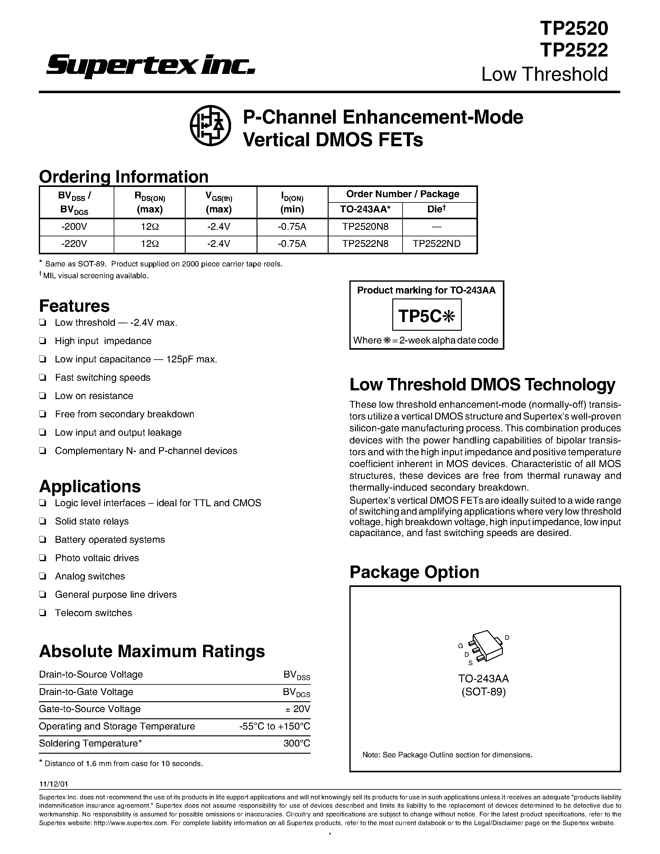 Datasheet TP2520 - P-Channel Enhancement-Mode Vertical DMOS FETs page 1