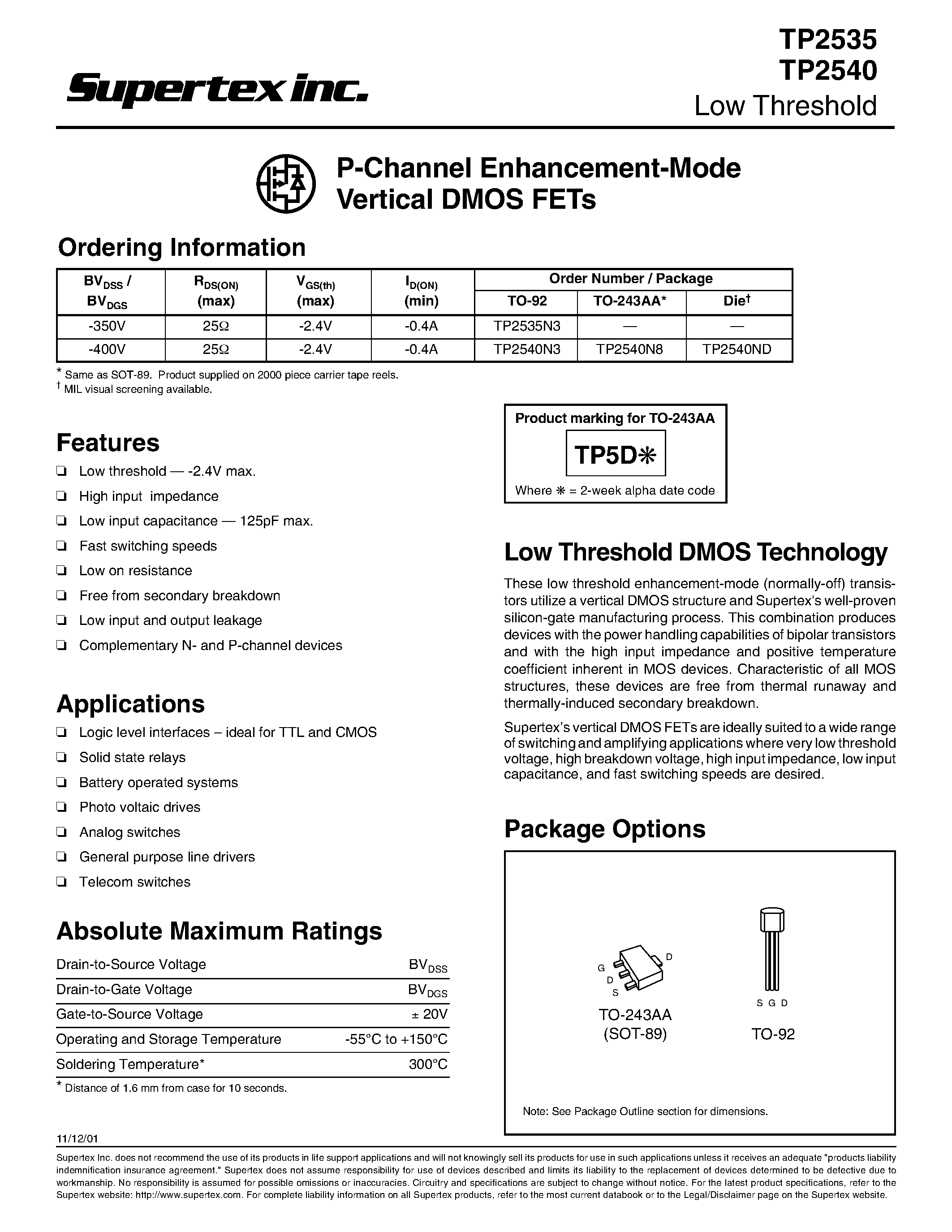 Datasheet TP2535N3 - P-Channel Enhancement-Mode Vertical DMOS FETs page 1