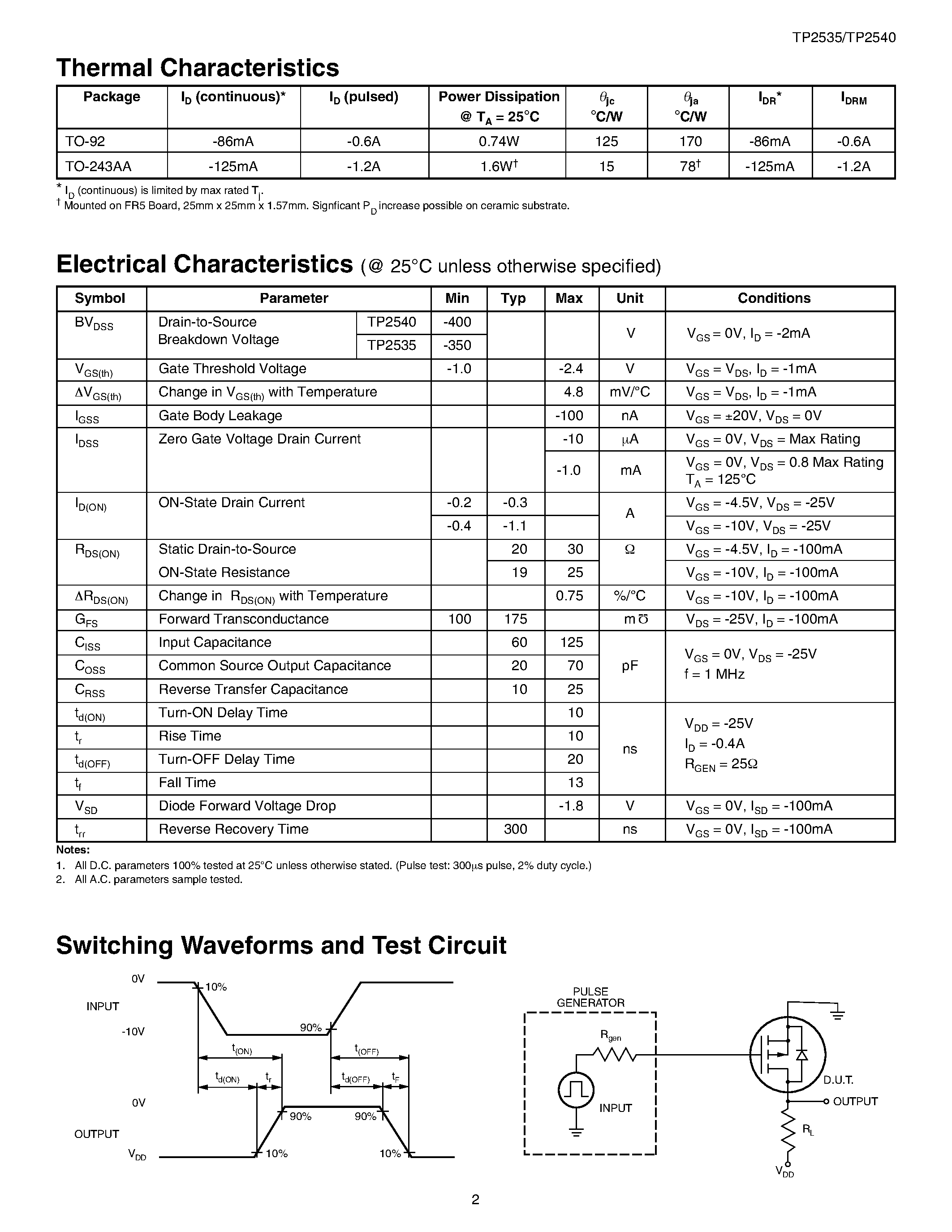 Даташит TP2540 - P-Channel Enhancement-Mode Vertical DMOS FETs страница 2