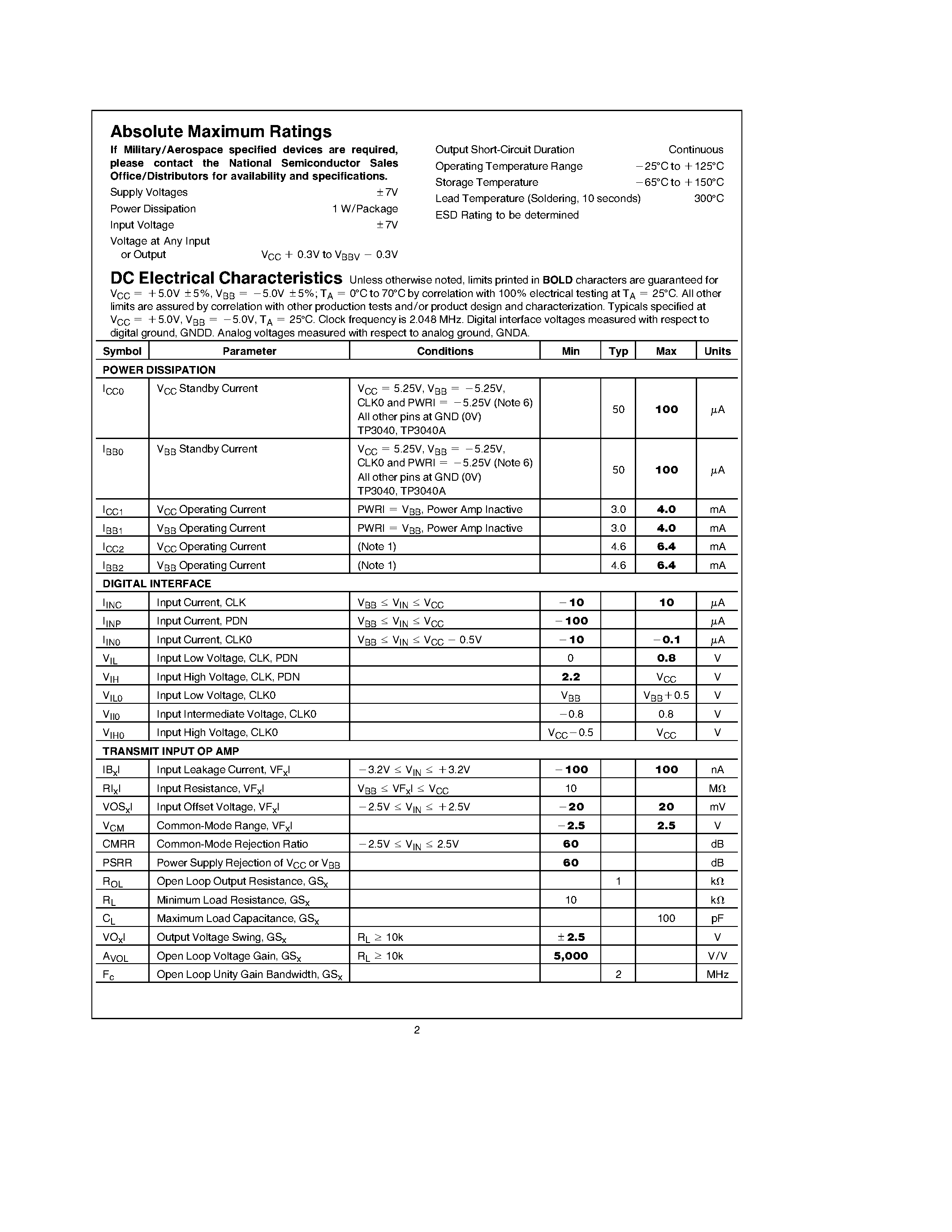Datasheet TP3040N - TP3040/ TP3040A PCM Monolithic Filter page 2