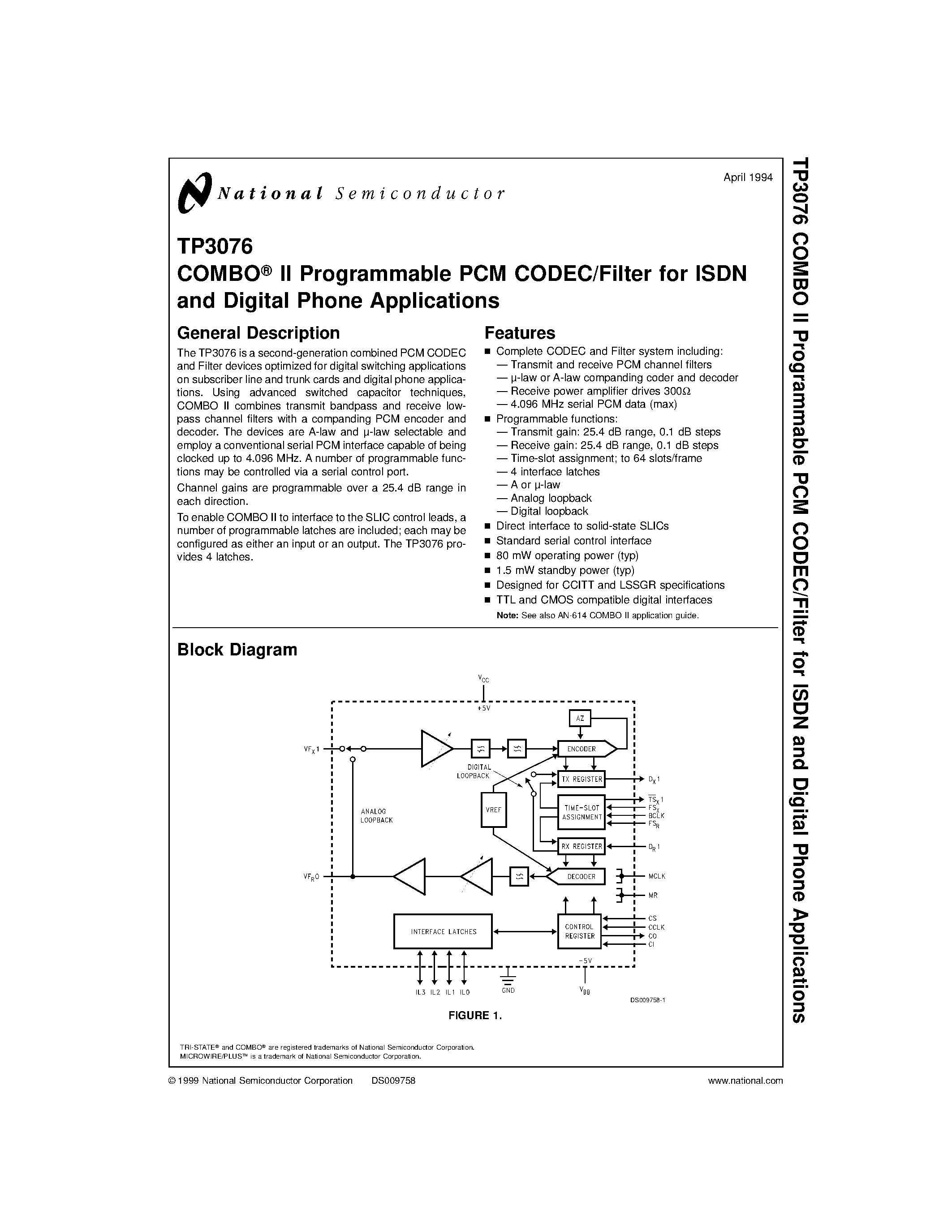 Даташит TP3076 - COMBO II Programmable PCM CODEC/Filter for ISDN and Digital Phone Applications страница 1