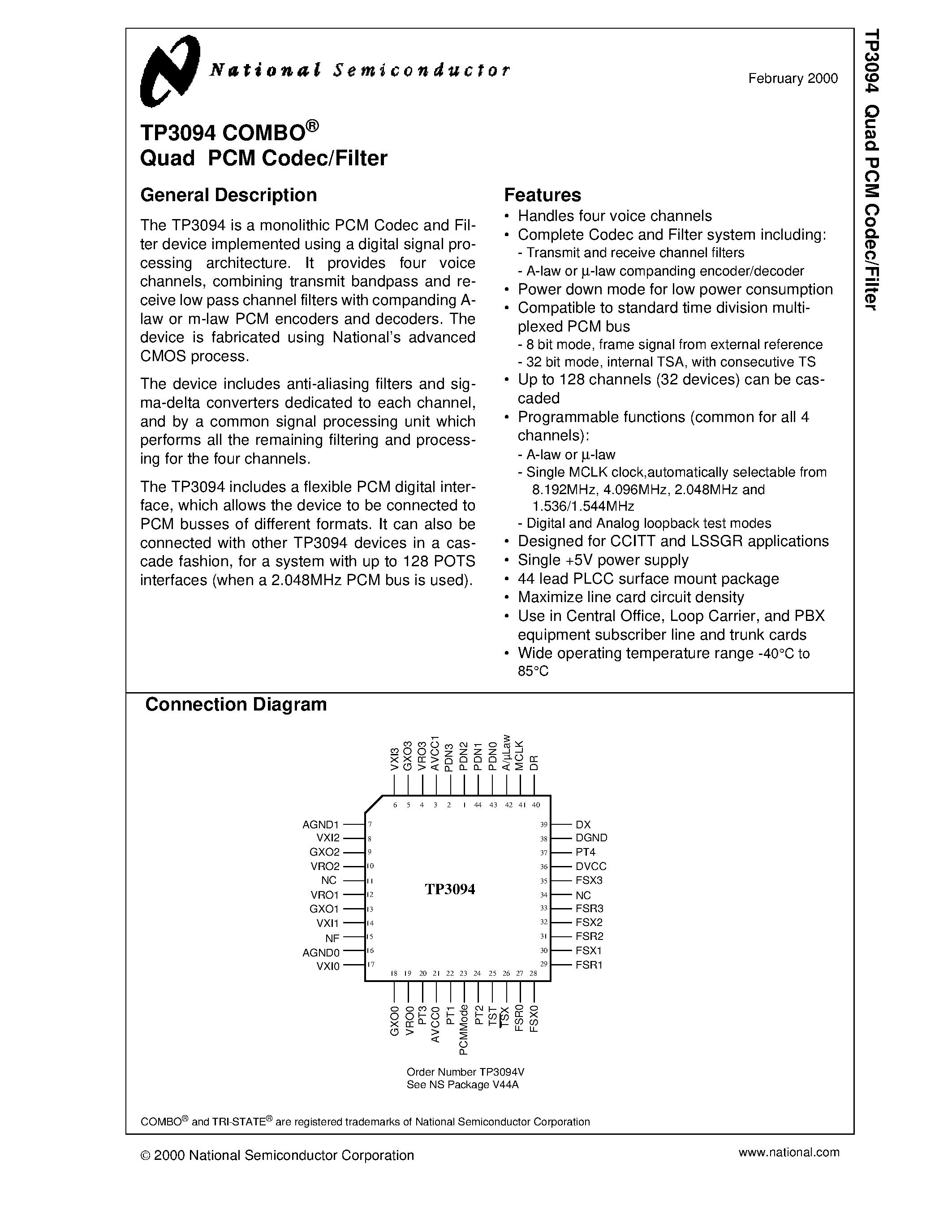 Даташит TP3094V - Quad PCM Codec/Filter страница 1