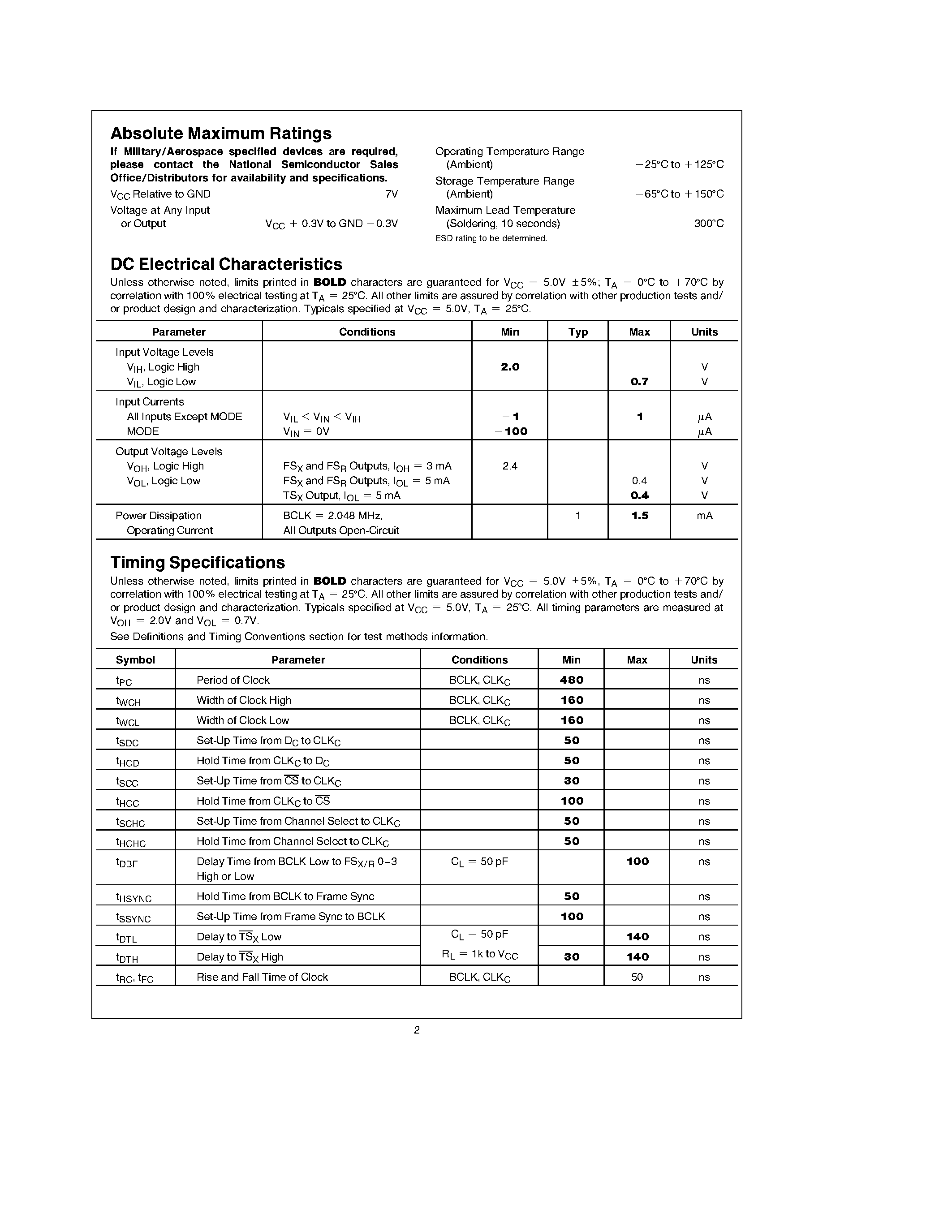 Datasheet TP3155N - TP3155 Time Slot Assignment Circuit page 2