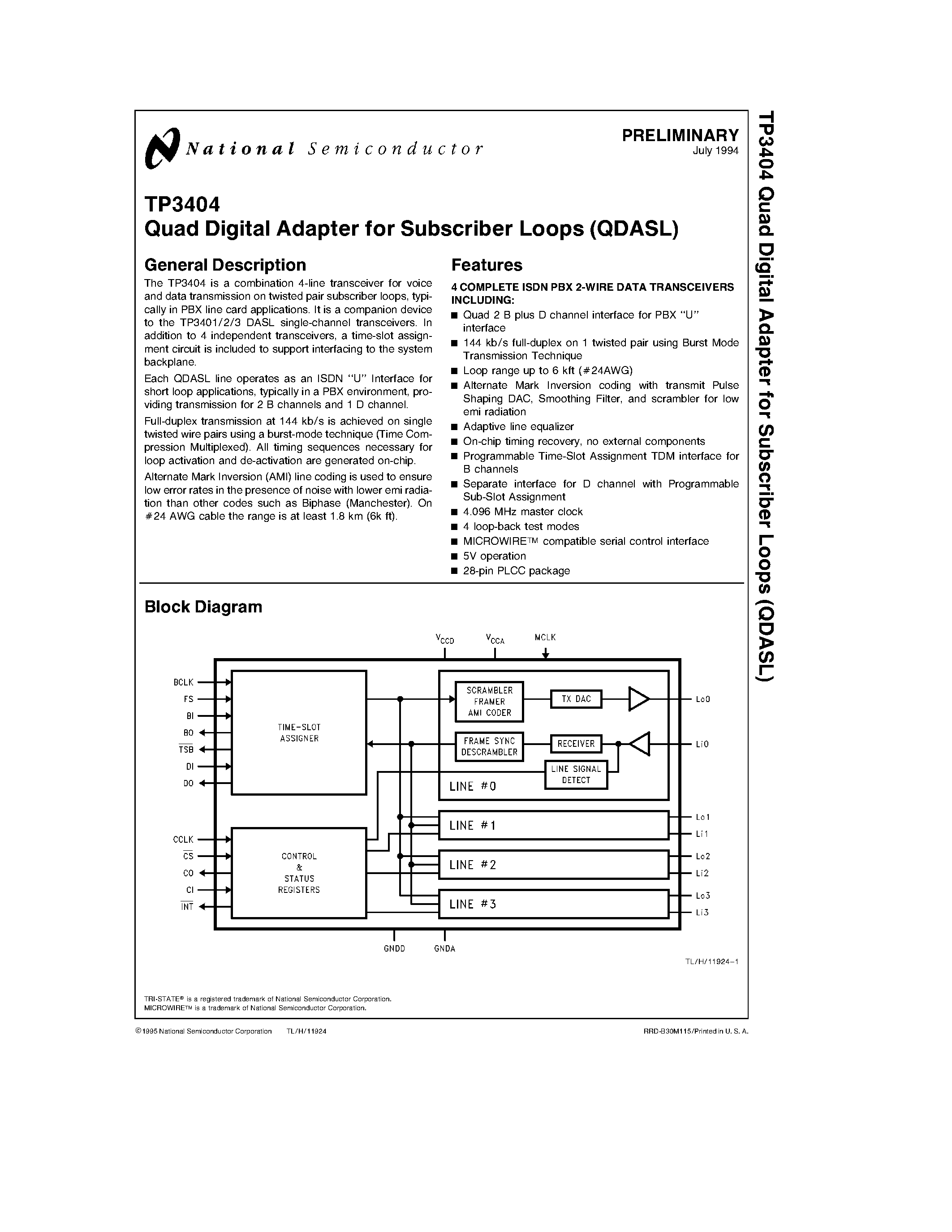 Даташит TP3404V - Quad Digital Adapter for Subscriber Loops (QDASL) страница 1