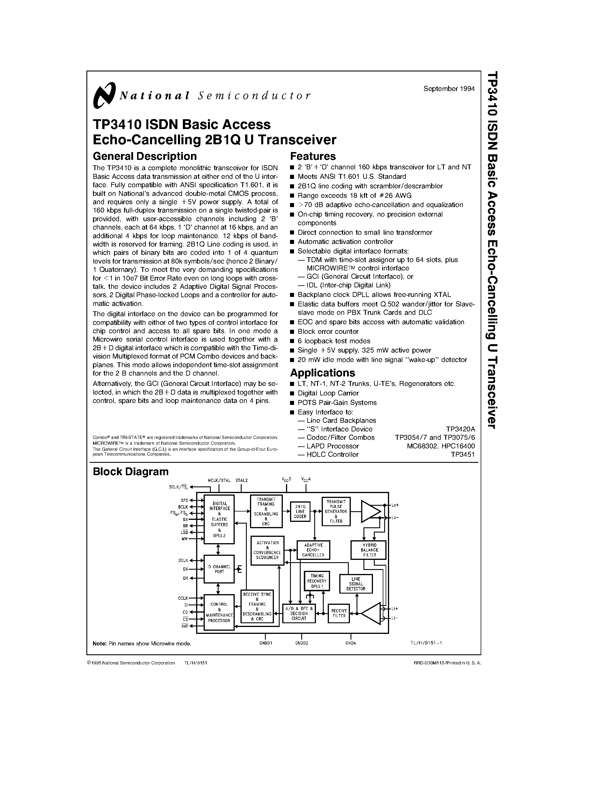 Datasheet TP3410 - TP3410 ISDN Basic Access Echo-Cancelling 2B1Q U Transceiver page 1