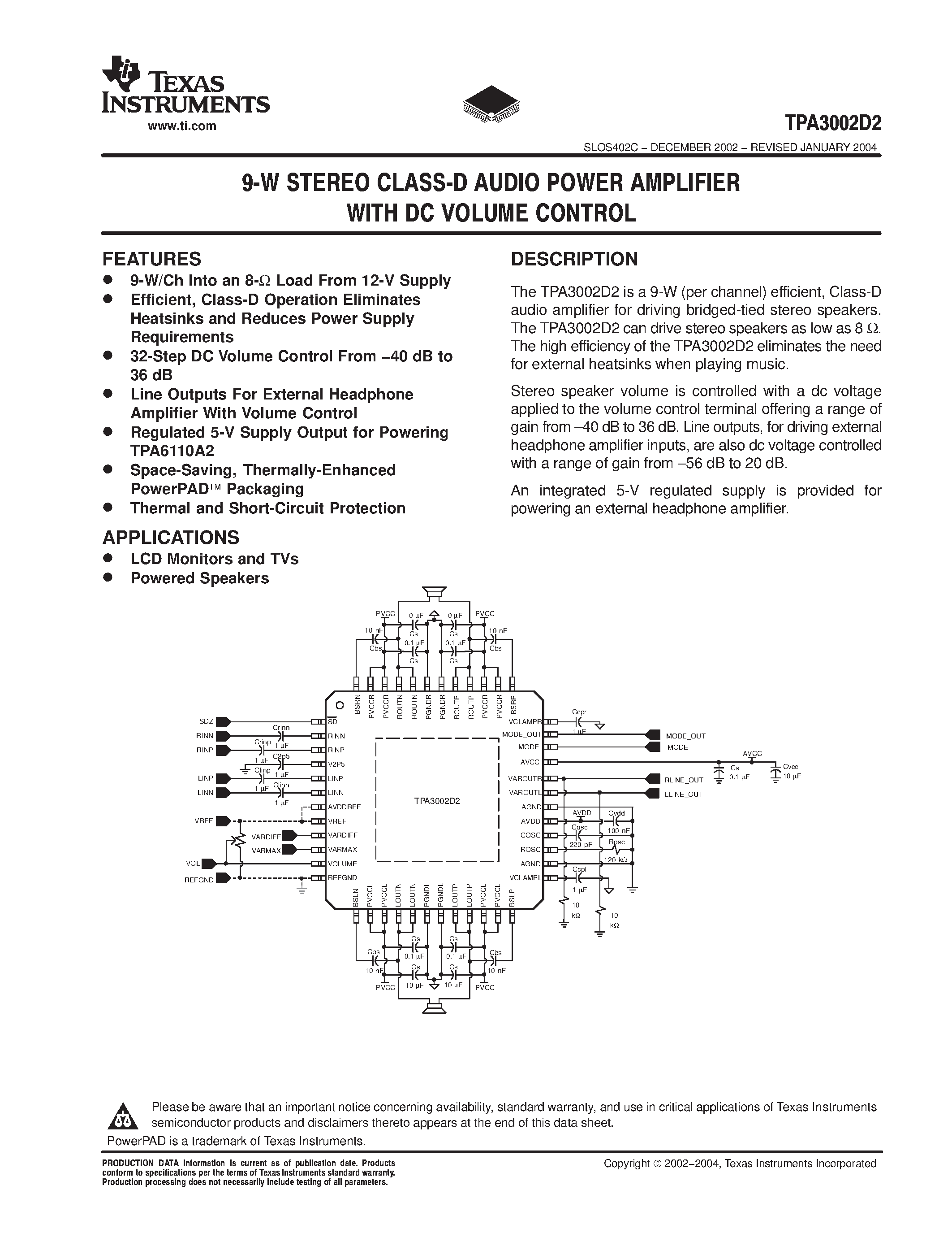 Datasheet TPA3002D2 - 9-W STEREO CLASS-D AUDIO POWER AMPLIFIER WITH DC VOLUME CONTROL page 1