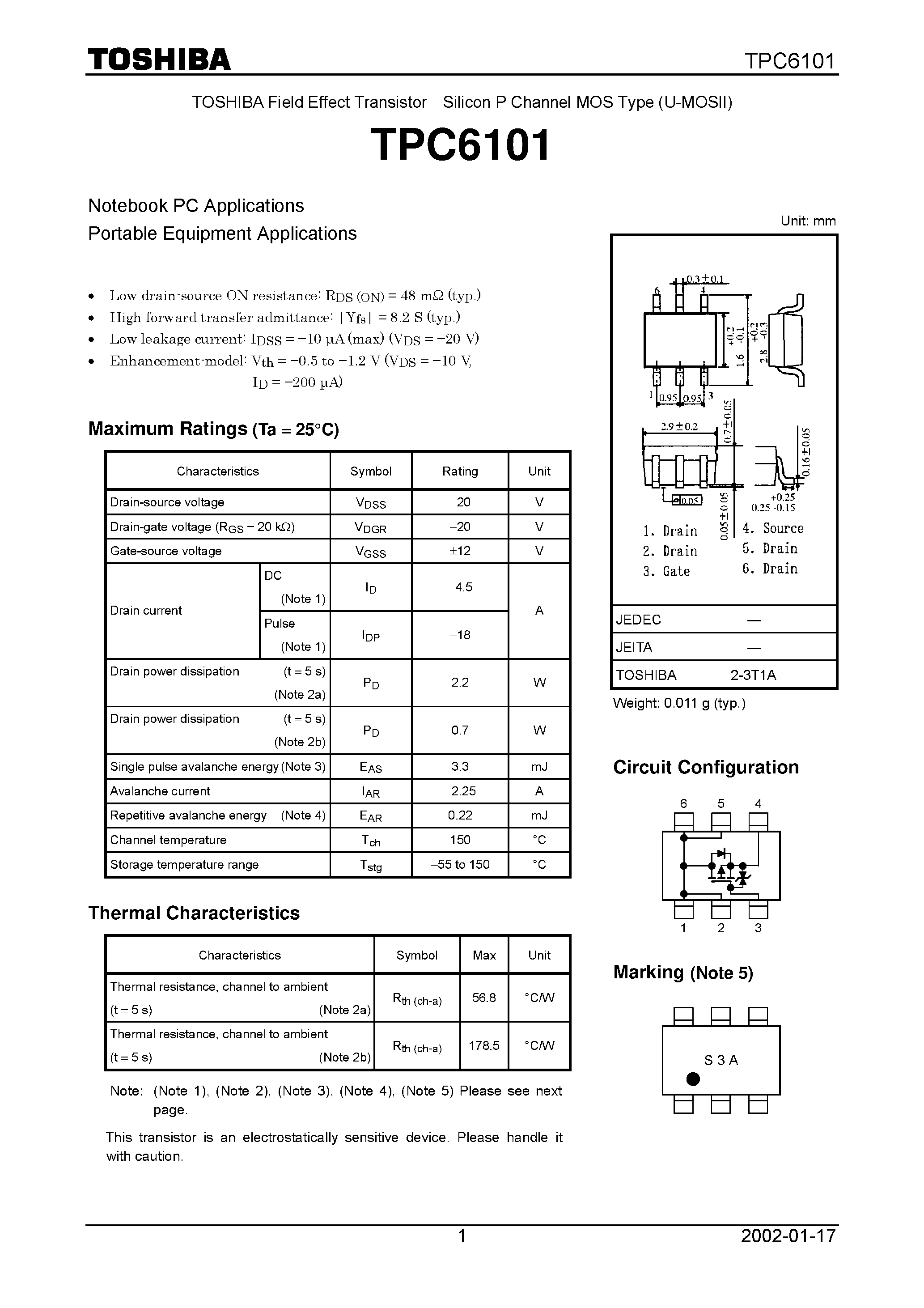 Datasheet TPC6101 - TOSHIBA Field Effect Transistor Silicon P Channel MOS Type (U-MOSII) page 1