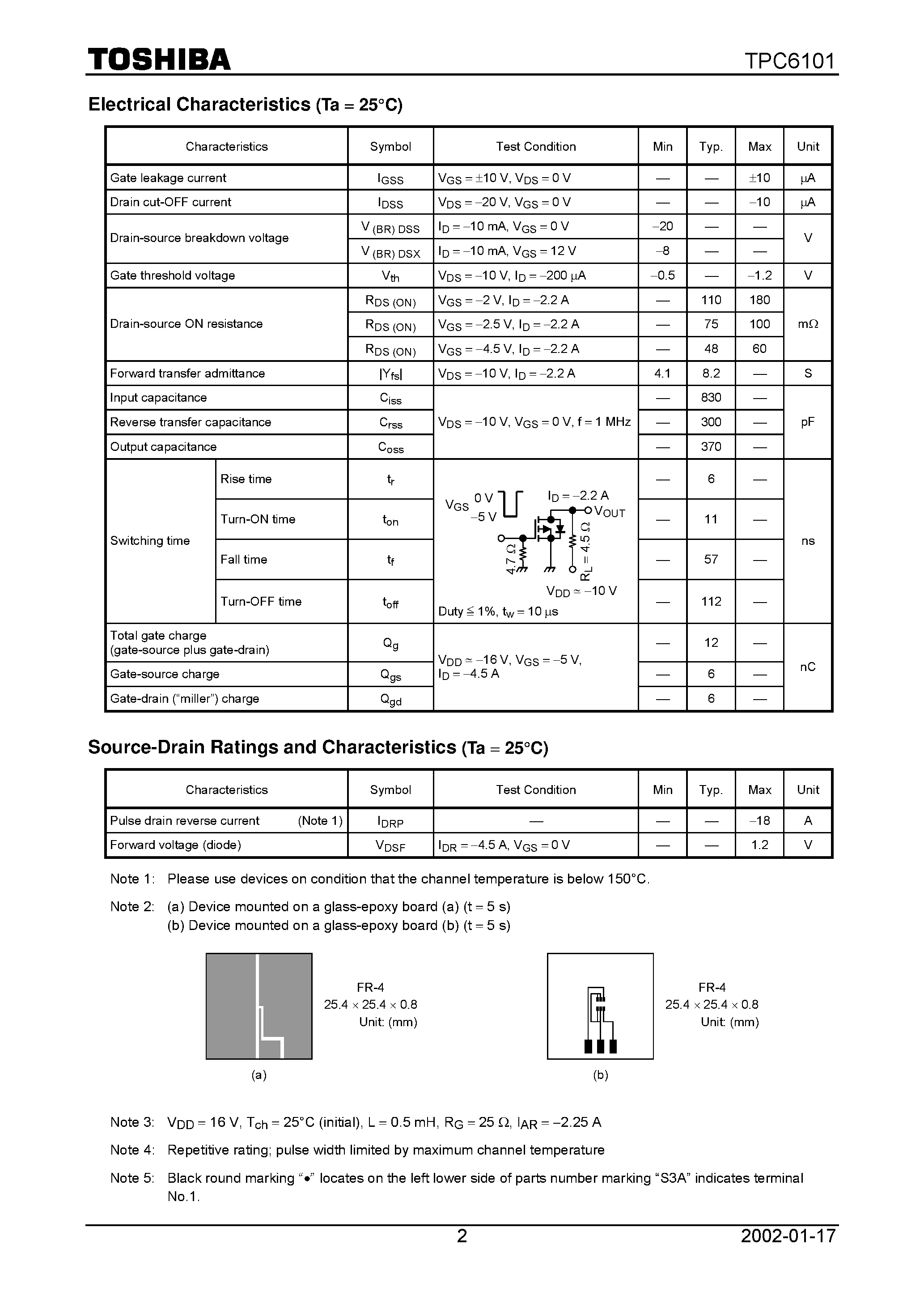 Даташит TPC6101 - TOSHIBA Field Effect Transistor Silicon P Channel MOS Type (U-MOSII) страница 2