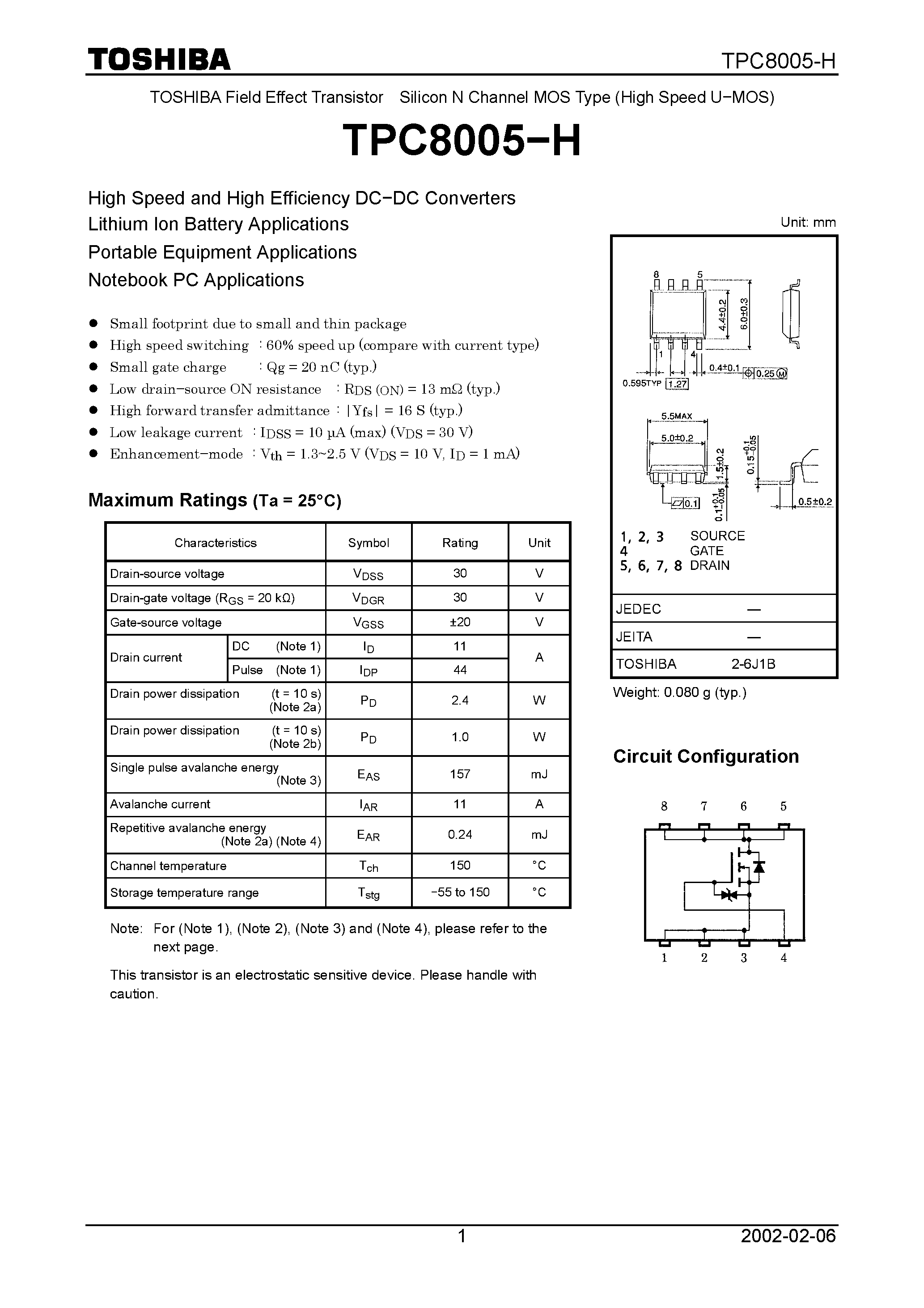 Datasheet TPC8005-H - Silicon N Channel MOS Type (High Speed U&#8722;MOS) page 1