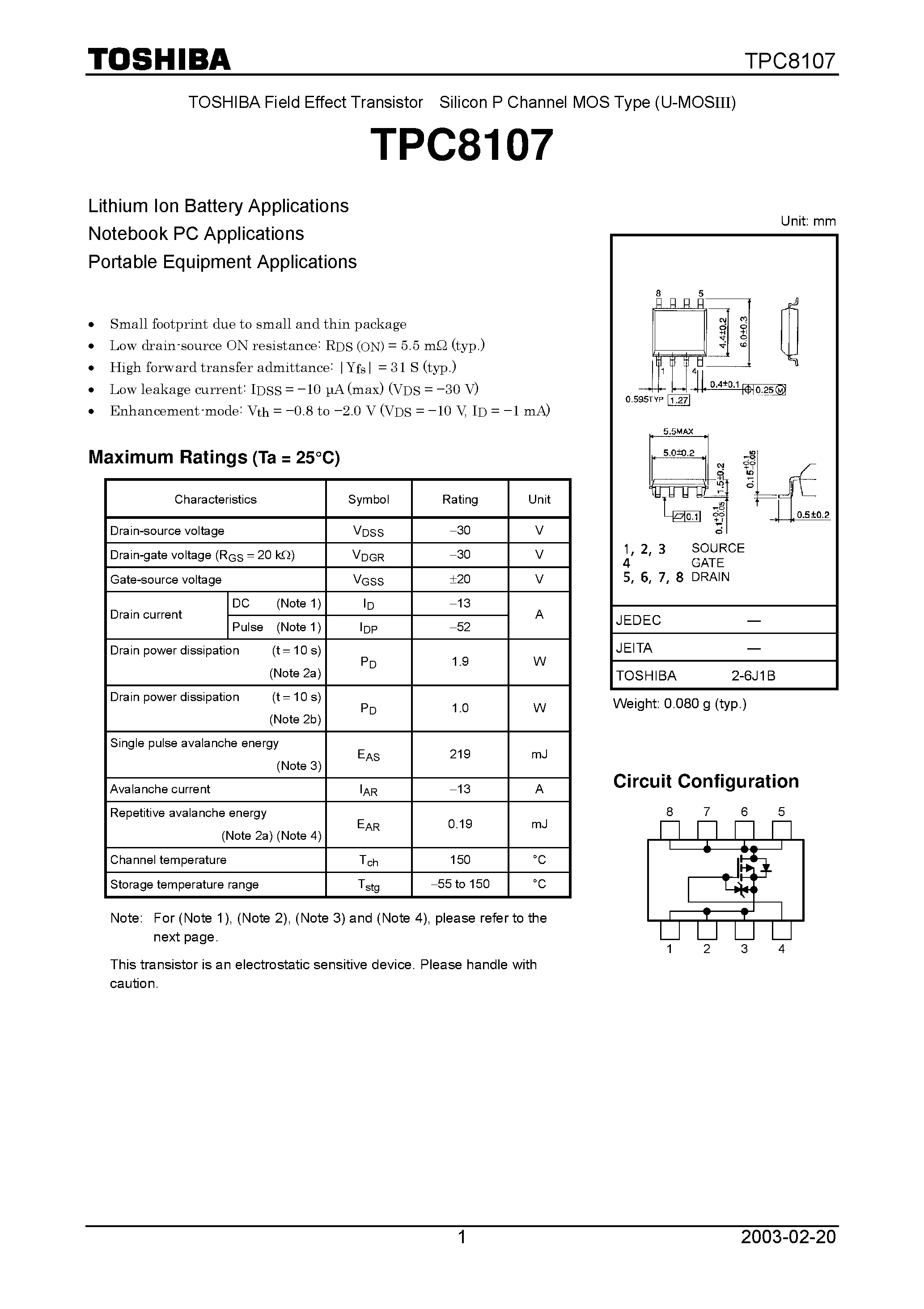 Даташит TPC8107 - TOSHIBA Field Effect Transistor Silicon P Channel MOS Type (U-MOSIII) страница 1